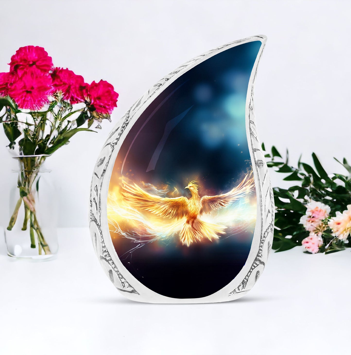 Phoenix themed large urn in yellow hue, depicting Phoenix spreading wings amid fire against a stark black backdrop, ideal for adult ashes storage