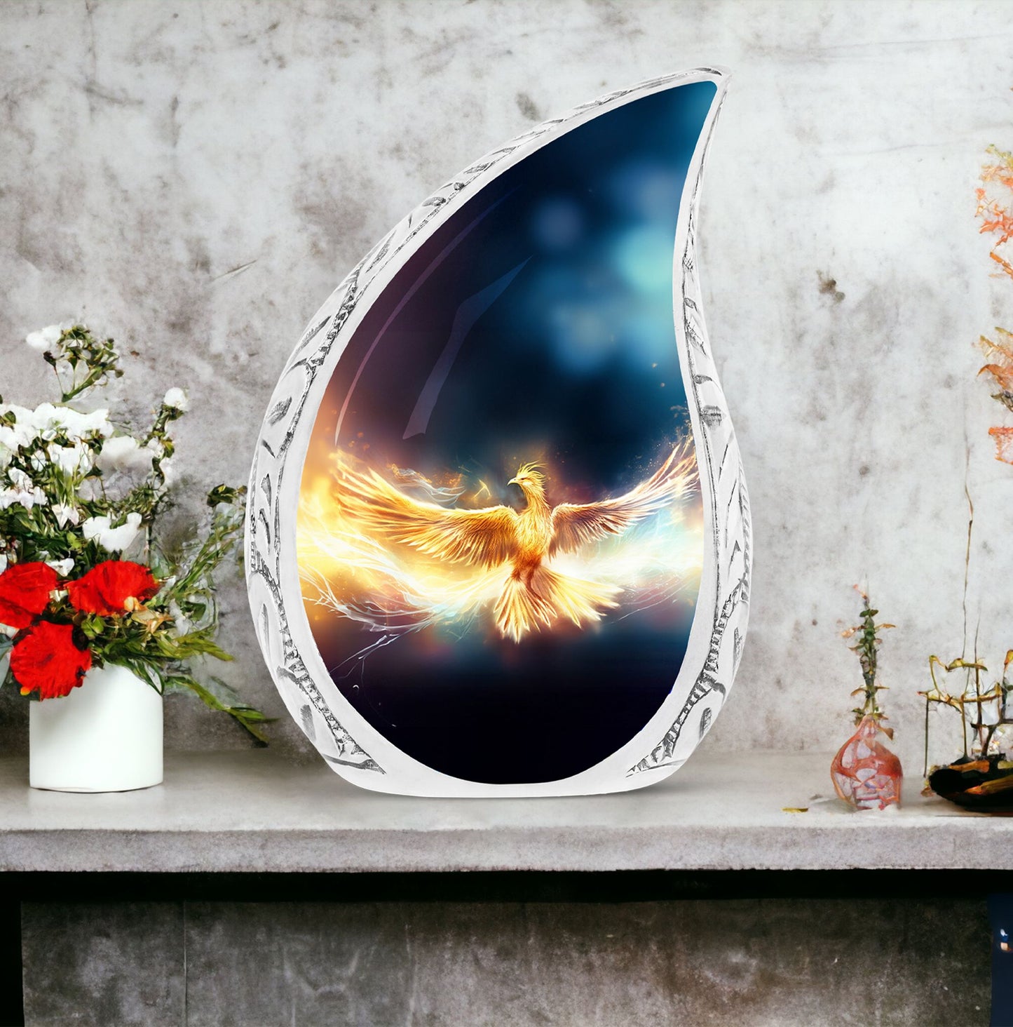 Phoenix themed large urn in yellow hue, depicting Phoenix spreading wings amid fire against a stark black backdrop, ideal for adult ashes storage