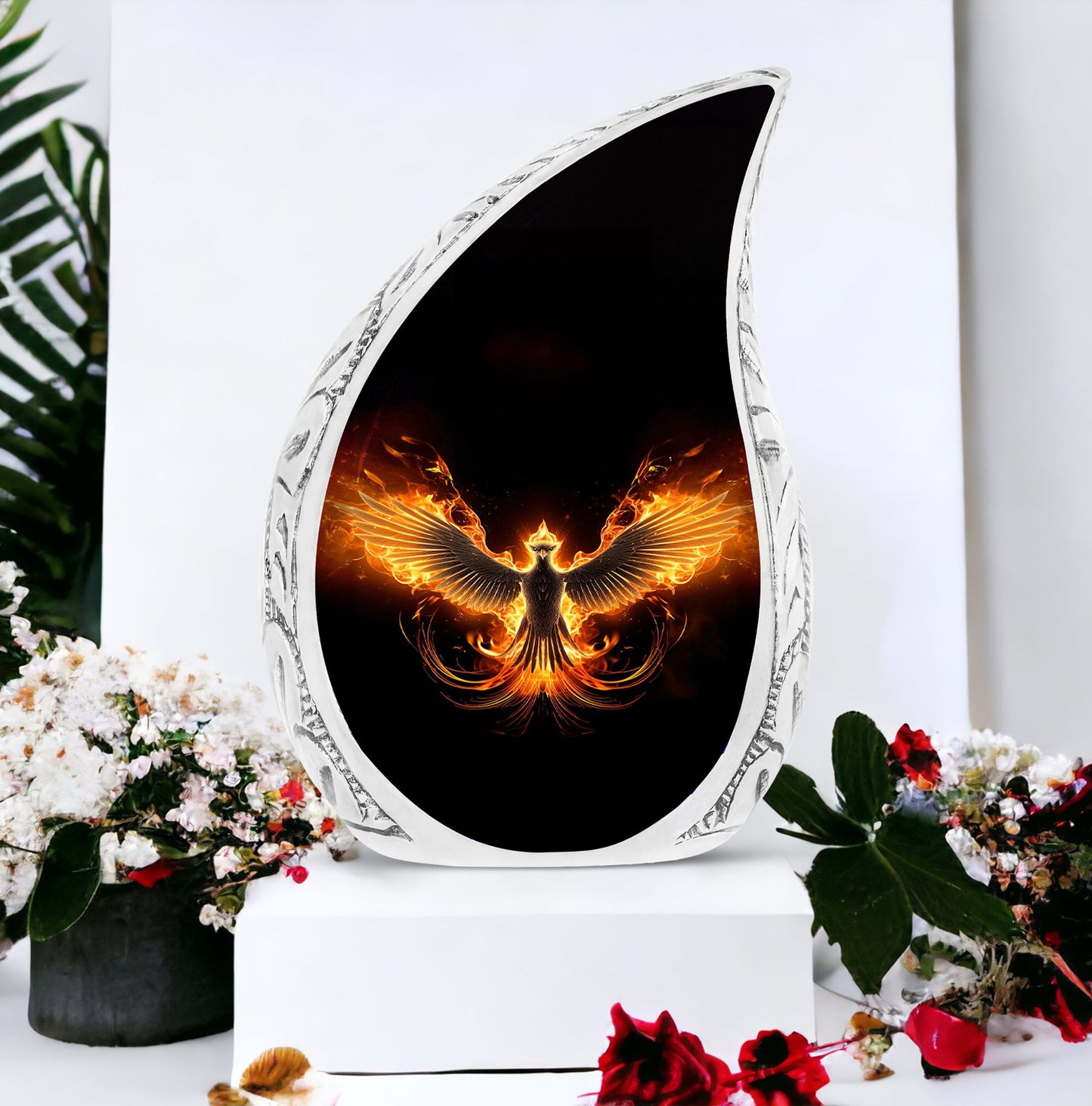 Dramatic black Phoenix urn for adult ashes, suitable for memorializing a loved one