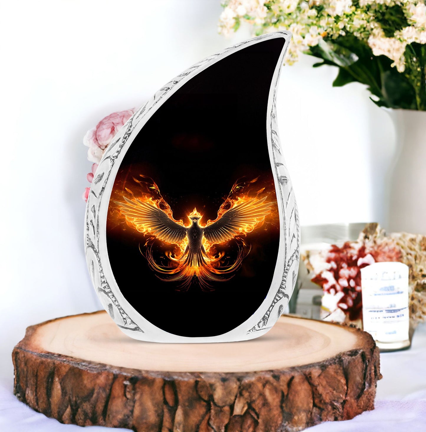 Dramatic black Phoenix urn for adult ashes, suitable for memorializing a loved one