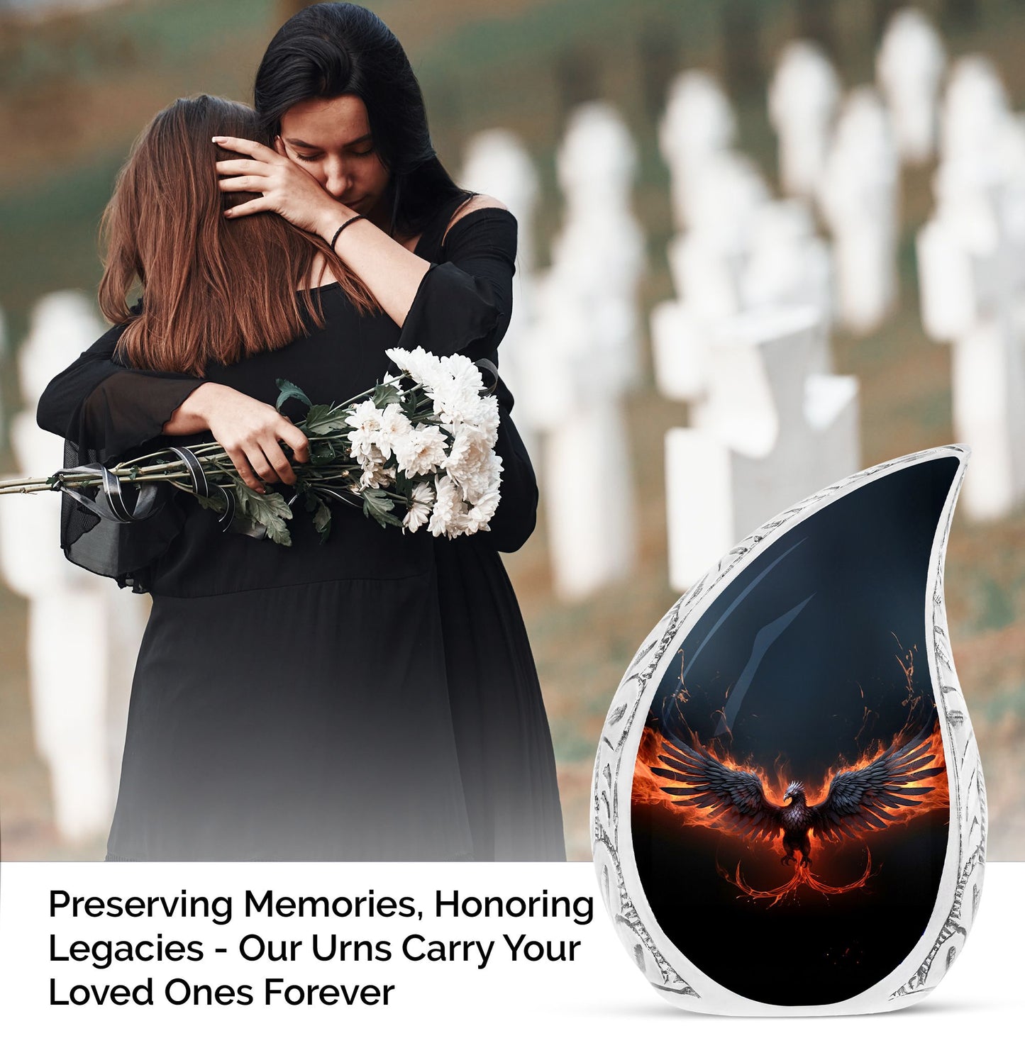 Large, black Phoenix urn engulfed in red fire, ideal metal cremation urn for adult female ashes, perfect memorial urn for mom