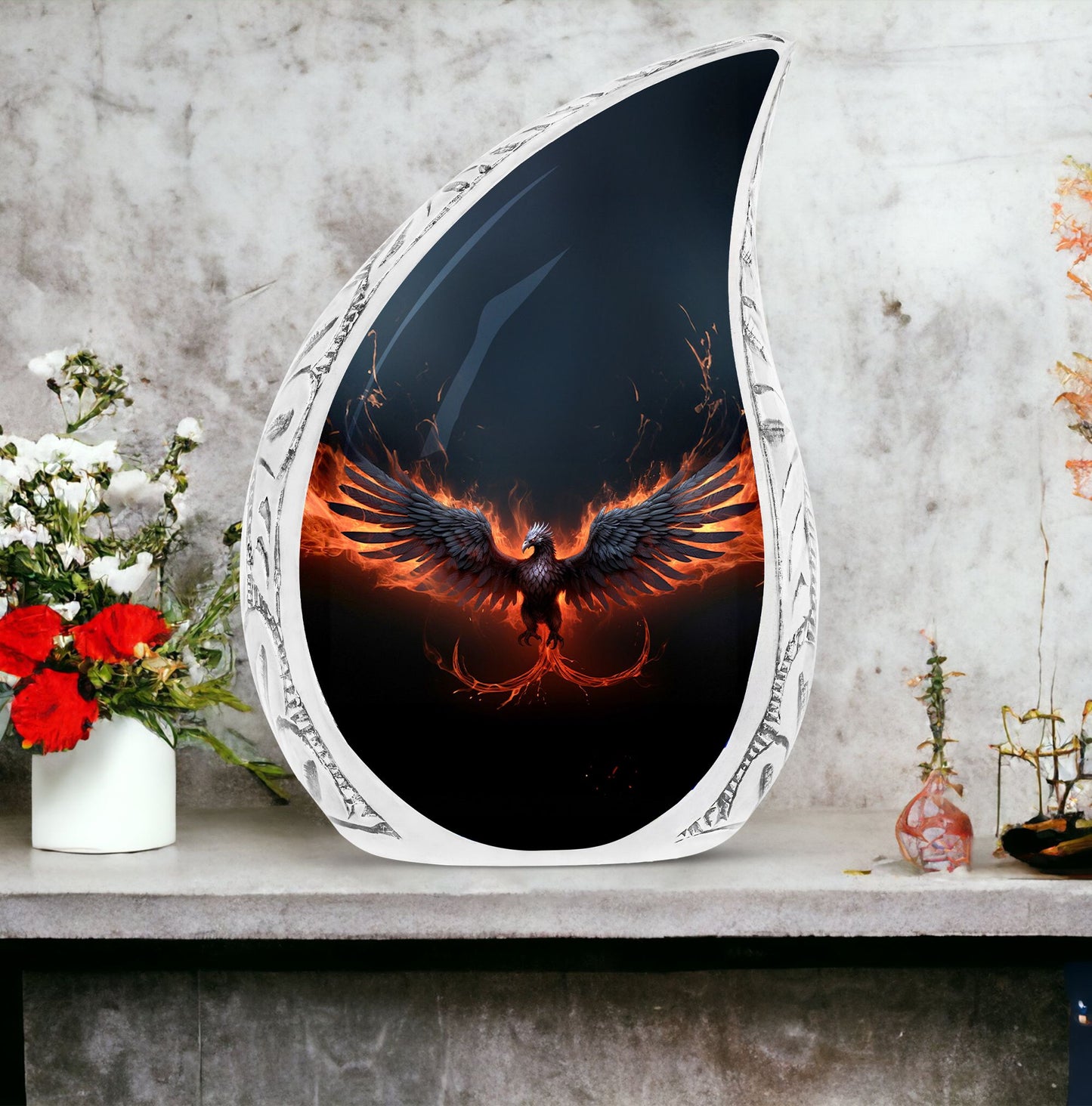 Large, black Phoenix urn engulfed in red fire, ideal metal cremation urn for adult female ashes, perfect memorial urn for mom