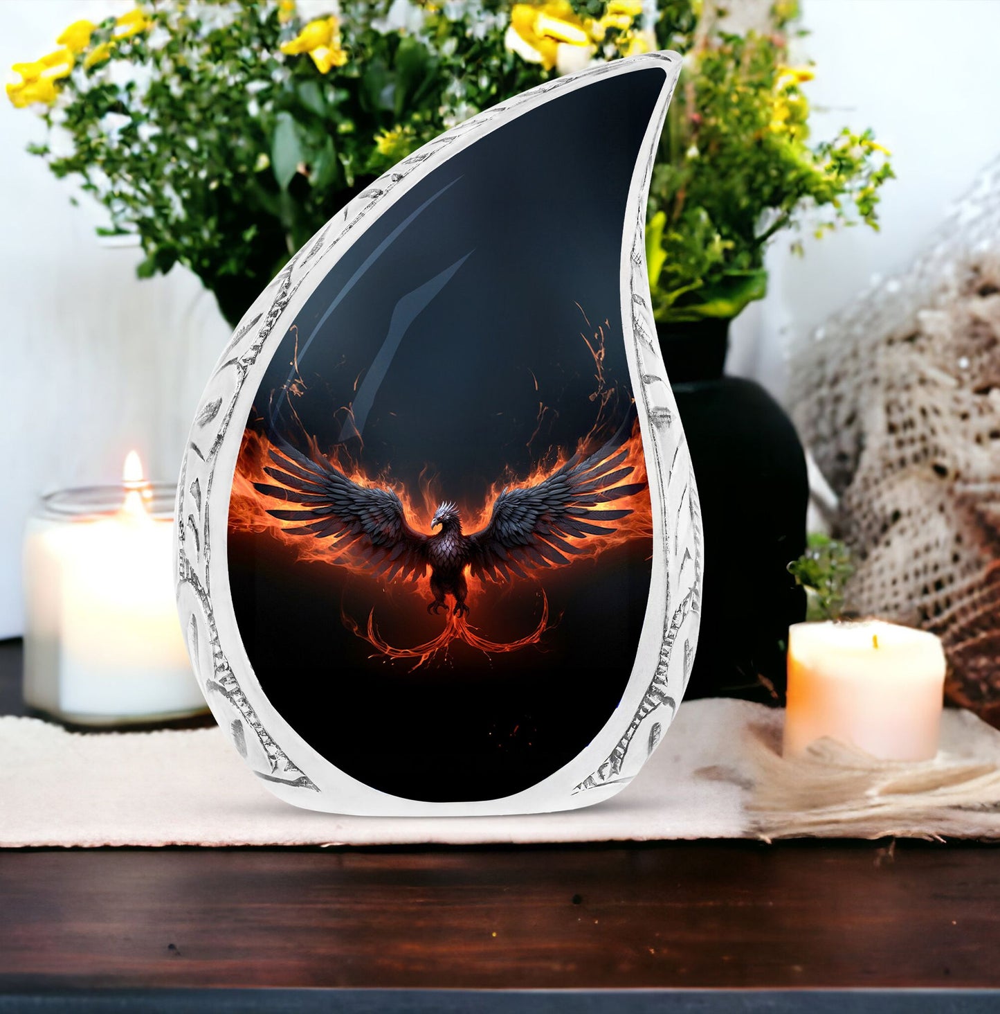 Large, black Phoenix urn engulfed in red fire, ideal metal cremation urn for adult female ashes, perfect memorial urn for mom