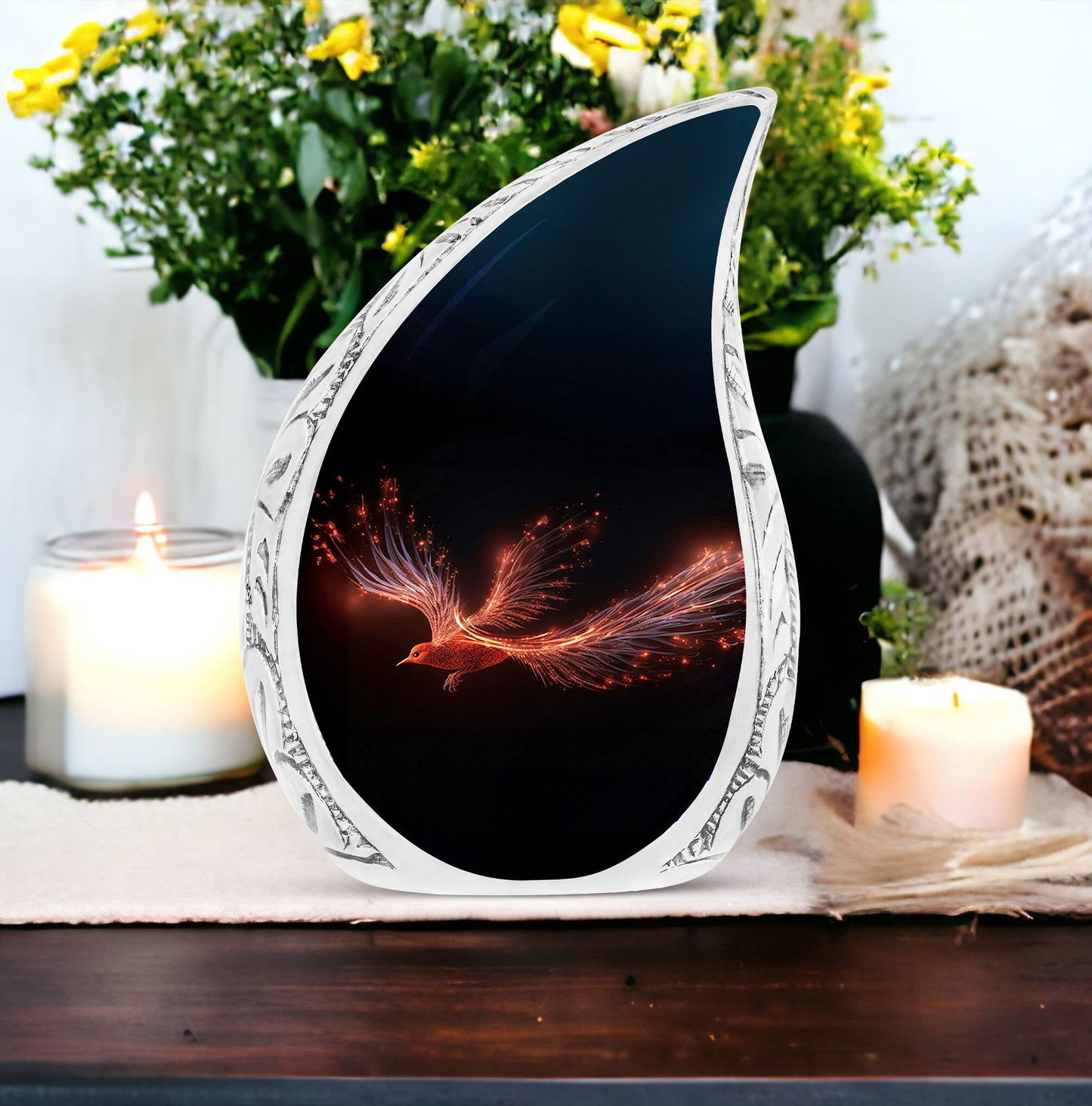 Large Red Sparrow themed cremation urn for human ashes, suitable for adult women