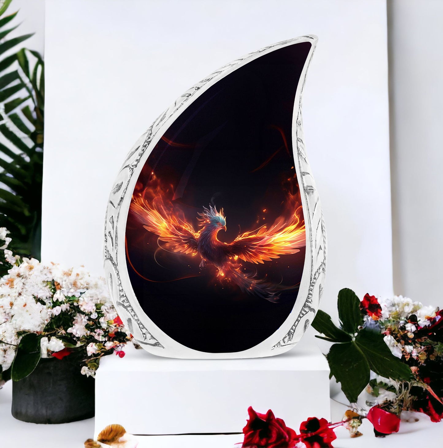 Large Phoenix Cremation Urn in Vibrant Red and Blue Colors, Unique Urn for Human Ashes