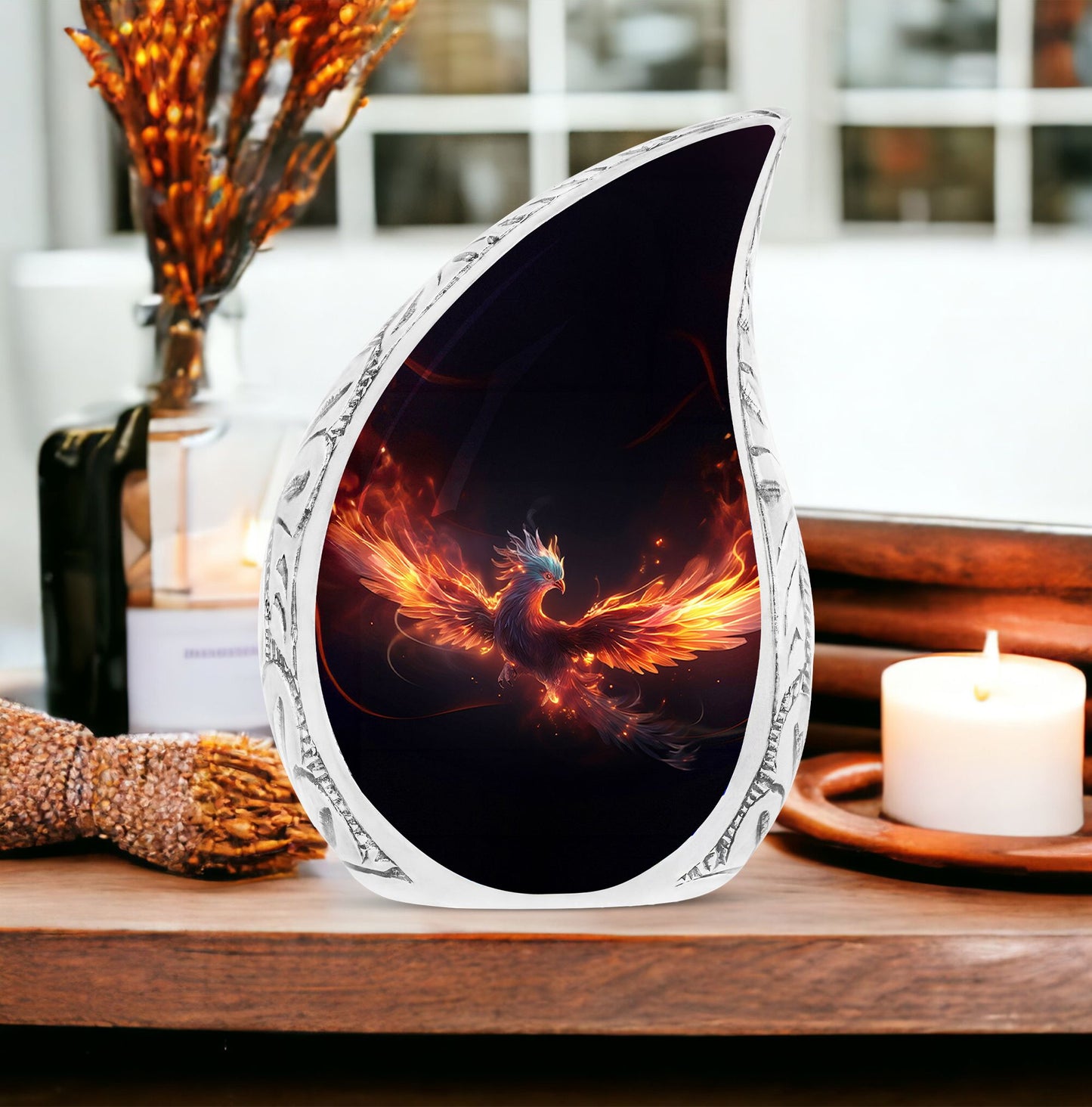 Large Phoenix Cremation Urn in Vibrant Red and Blue Colors, Unique Urn for Human Ashes