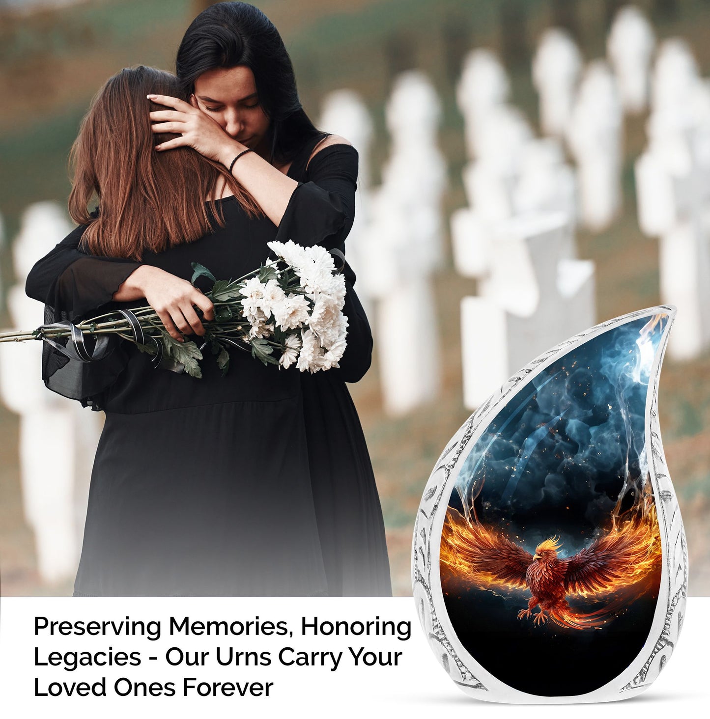 Large, unique Phoenix urn in red, portraying phoenix in fire for human ashes, ideal for adult cremation
