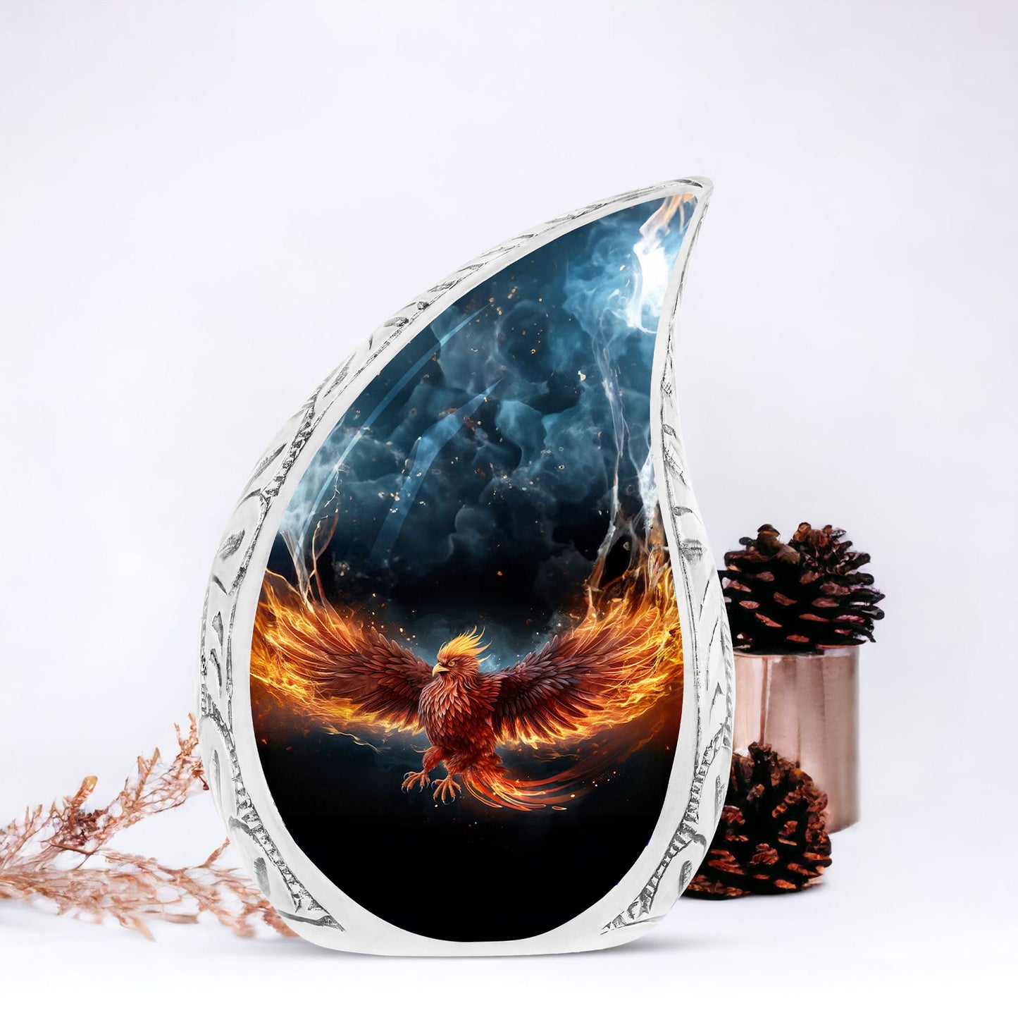 Large, unique Phoenix urn in red, portraying phoenix in fire for human ashes, ideal for adult cremation