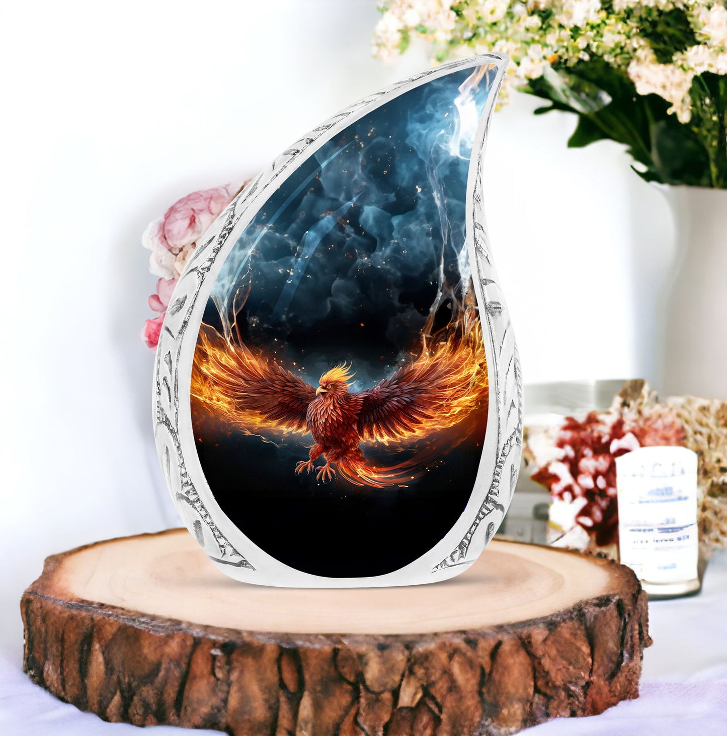 Large, unique Phoenix urn in red, portraying phoenix in fire for human ashes, ideal for adult cremation