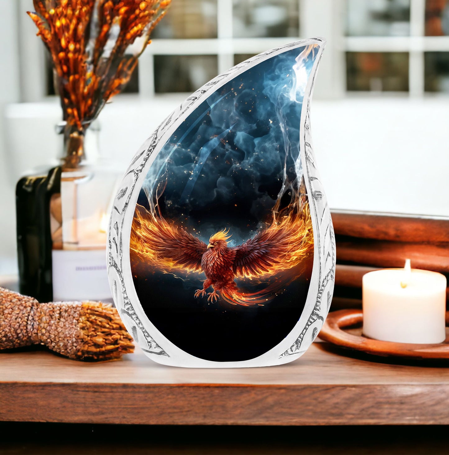 Large, unique Phoenix urn in red, portraying phoenix in fire for human ashes, ideal for adult cremation