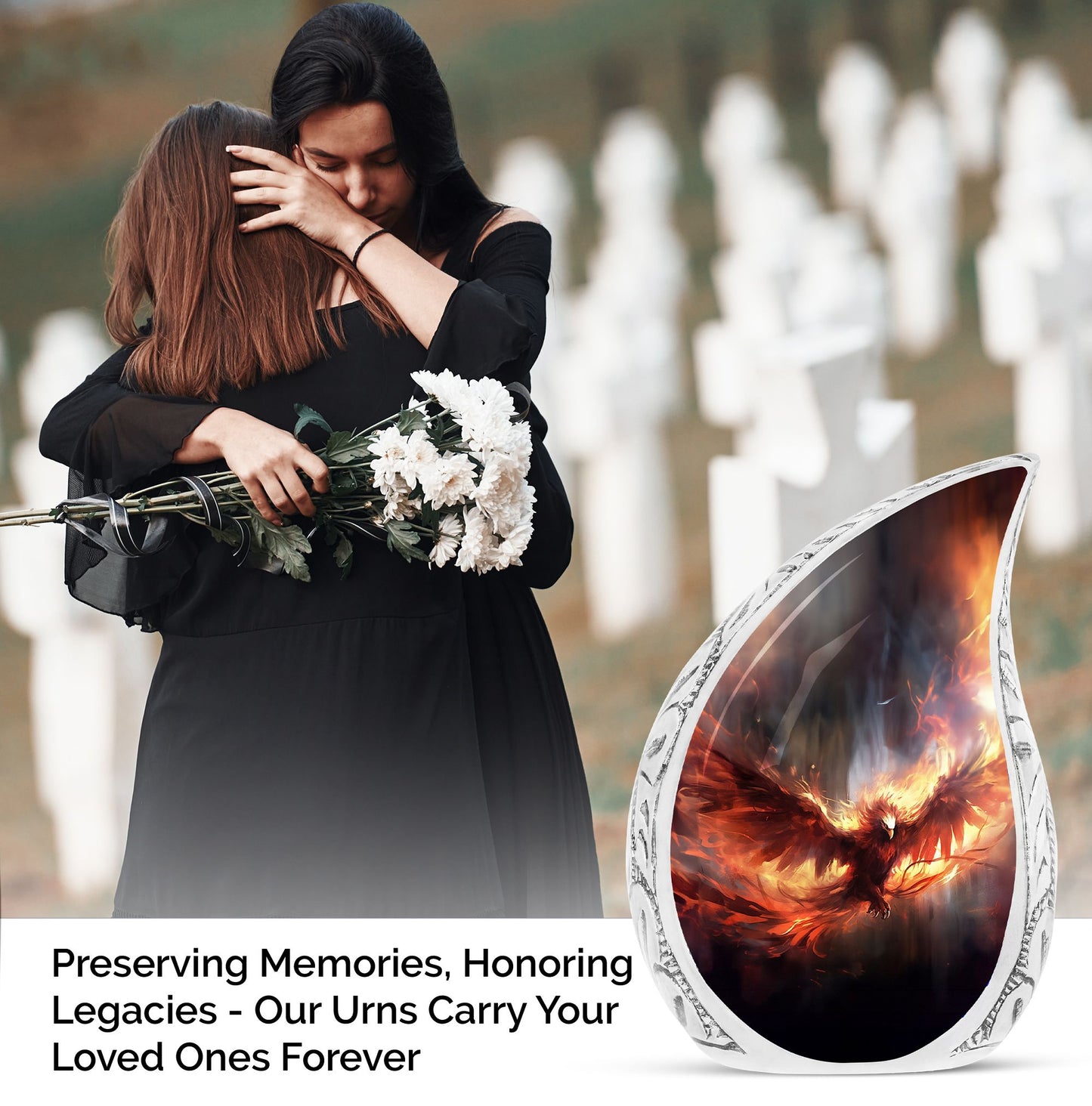 Large, unique Phoenix-themed urn for human ashes in fiery red color
