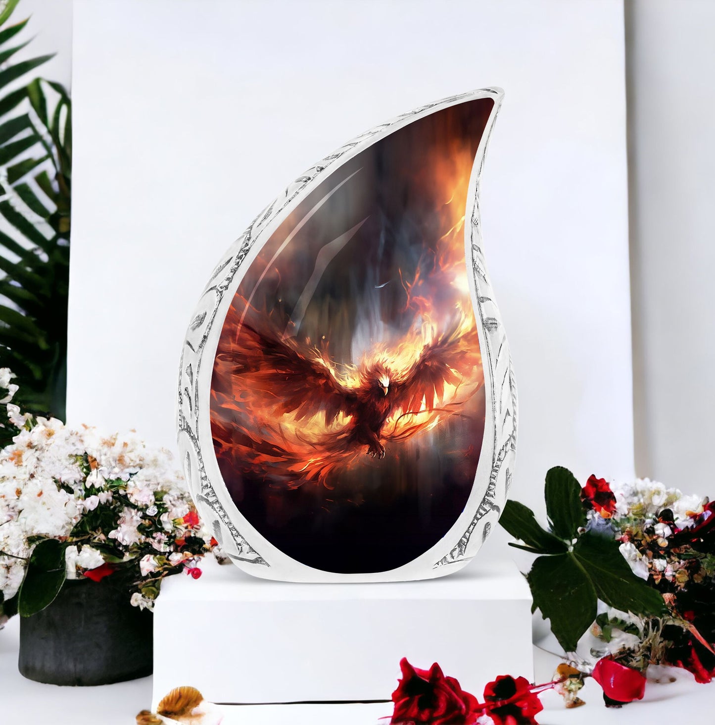 Large, unique Phoenix-themed urn for human ashes in fiery red color