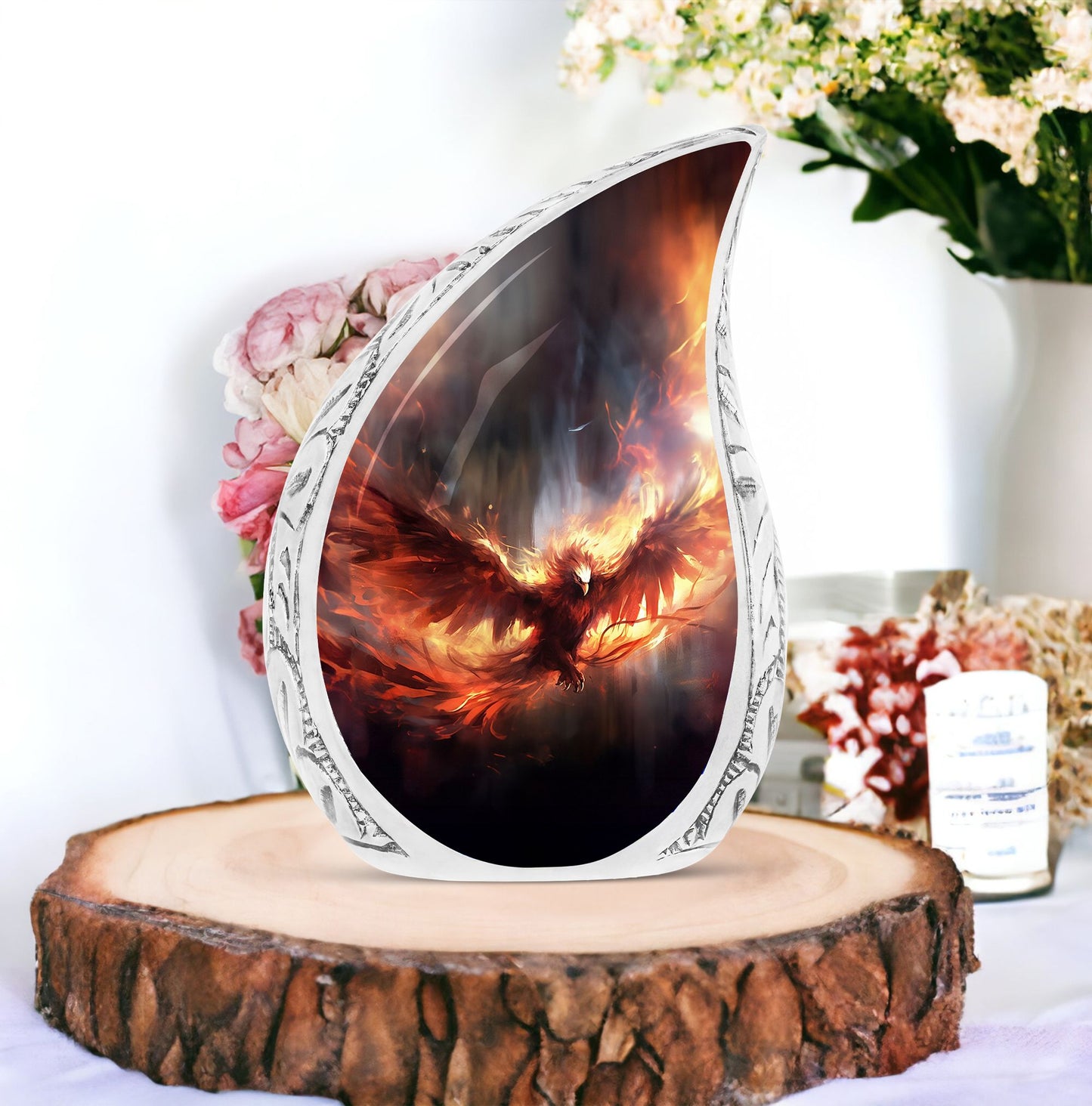 Large, unique Phoenix-themed urn for human ashes in fiery red color