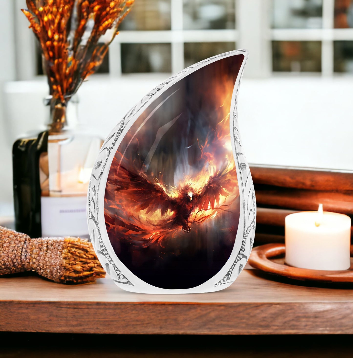 Large, unique Phoenix-themed urn for human ashes in fiery red color