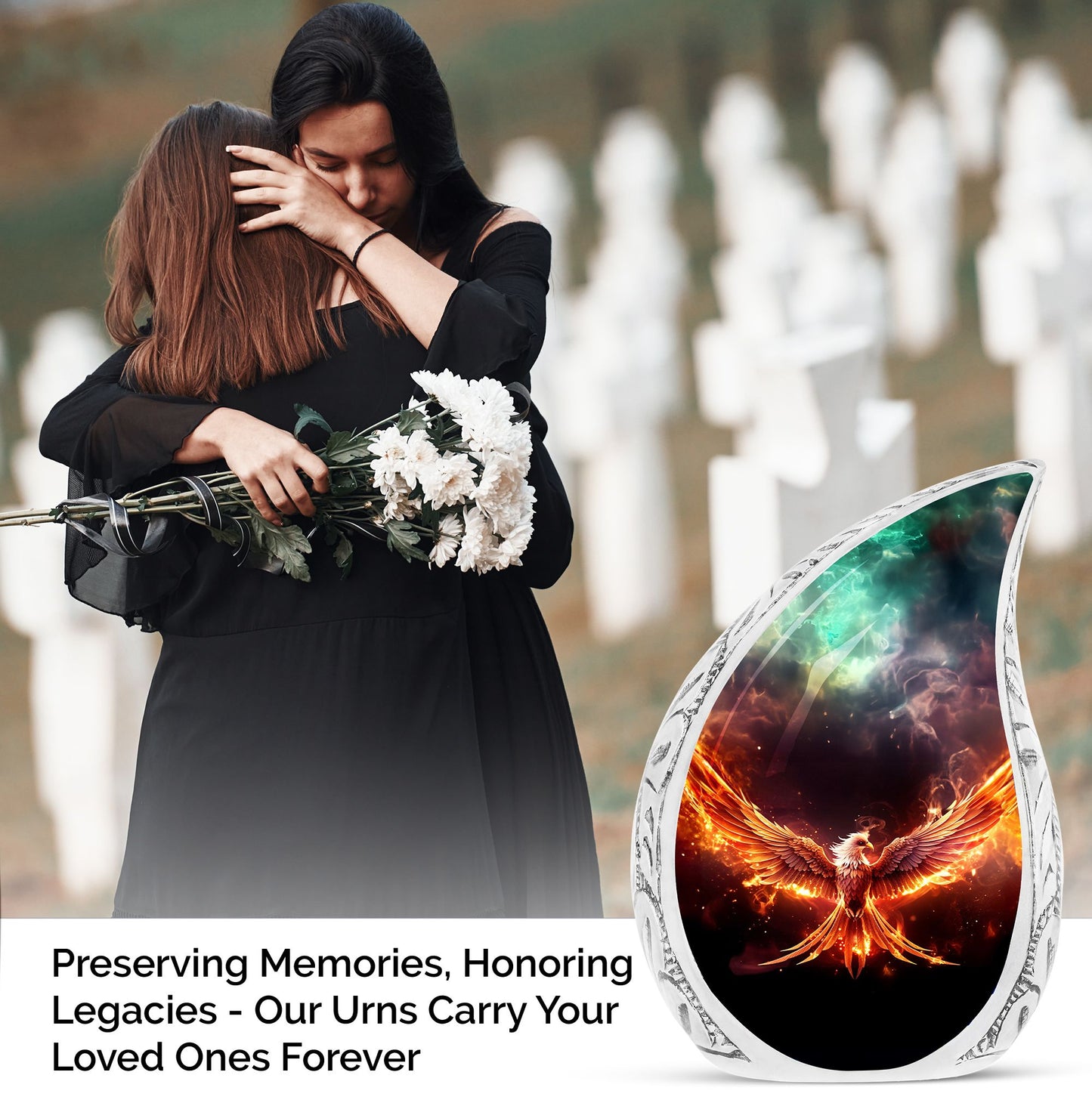Large Phoenix urn in red fire theme, perfect cremains container for adult female's ashes, made from strong metal.