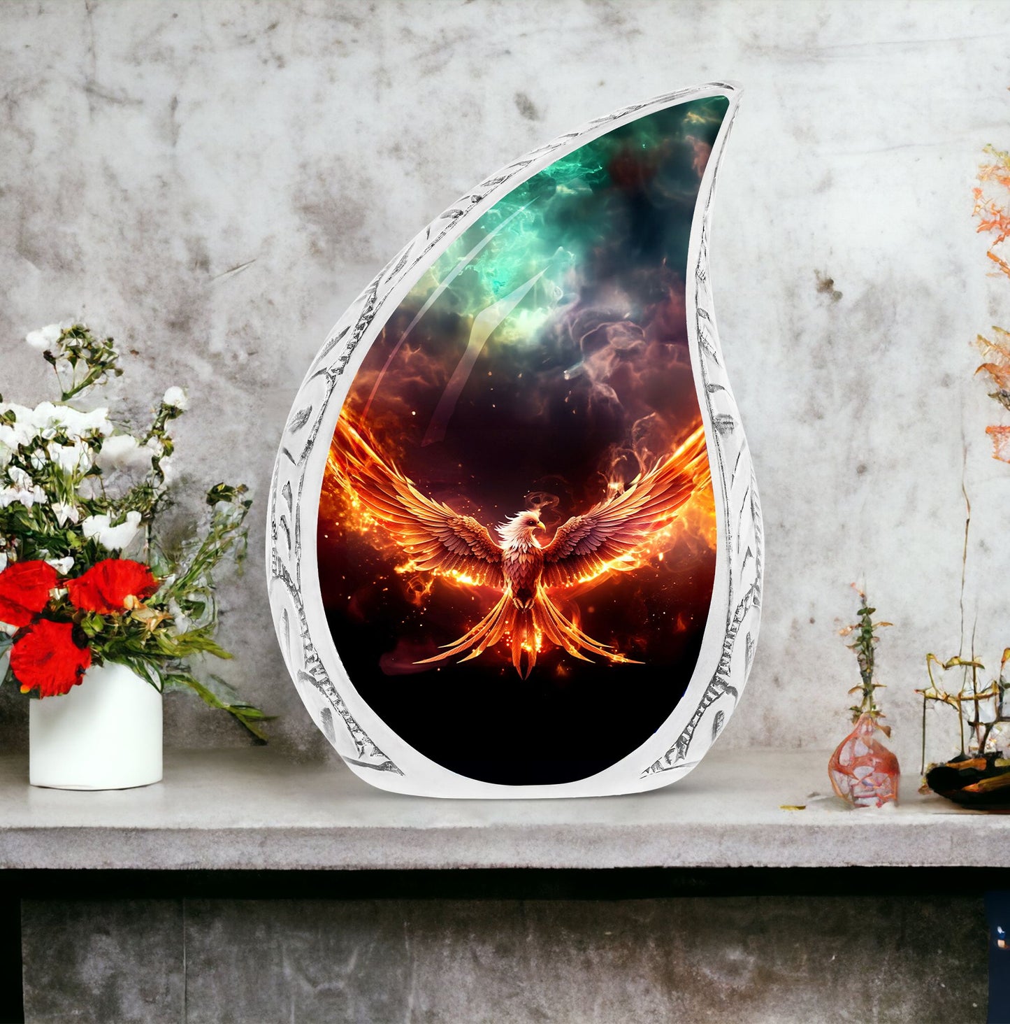 Large Phoenix urn in red fire theme, perfect cremains container for adult female's ashes, made from strong metal.