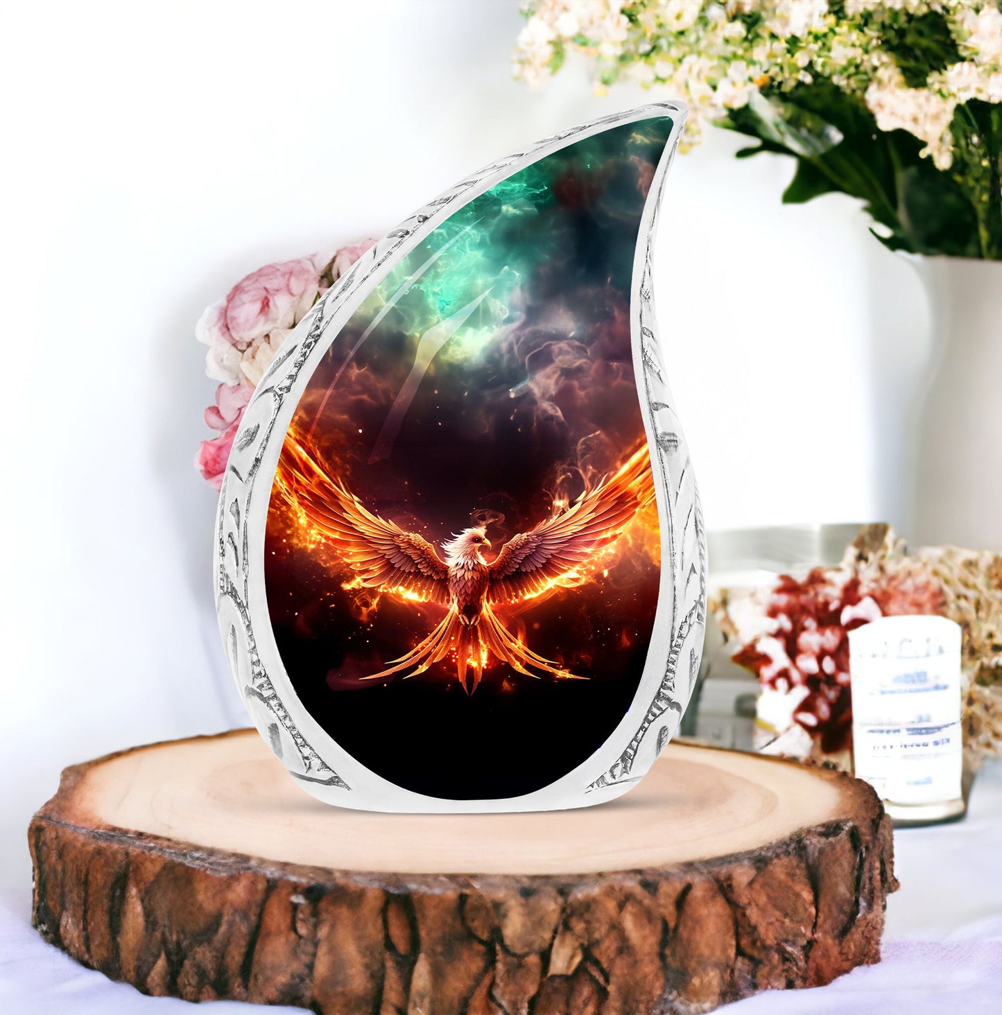 Large Phoenix urn in red fire theme, perfect cremains container for adult female's ashes, made from strong metal.