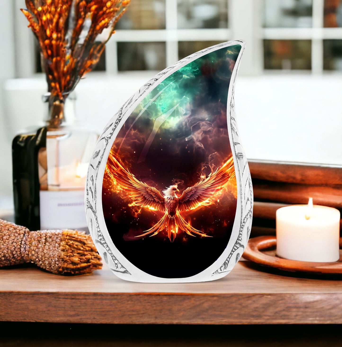 Large Phoenix urn in red fire theme, perfect cremains container for adult female's ashes, made from strong metal.