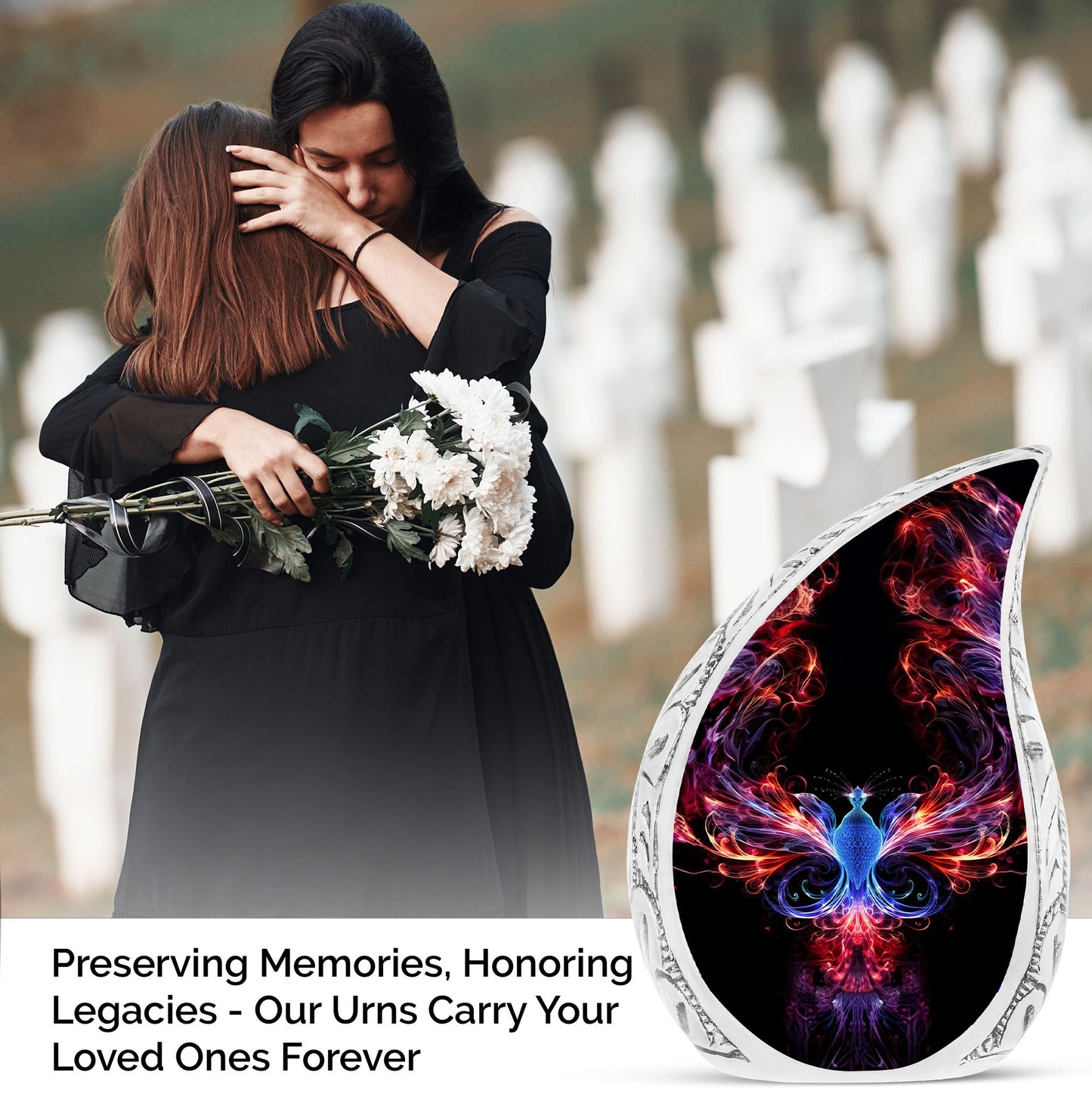 Vibrant colorful Phoenix-themed large cremation urn, ideal memorials for men's ashes