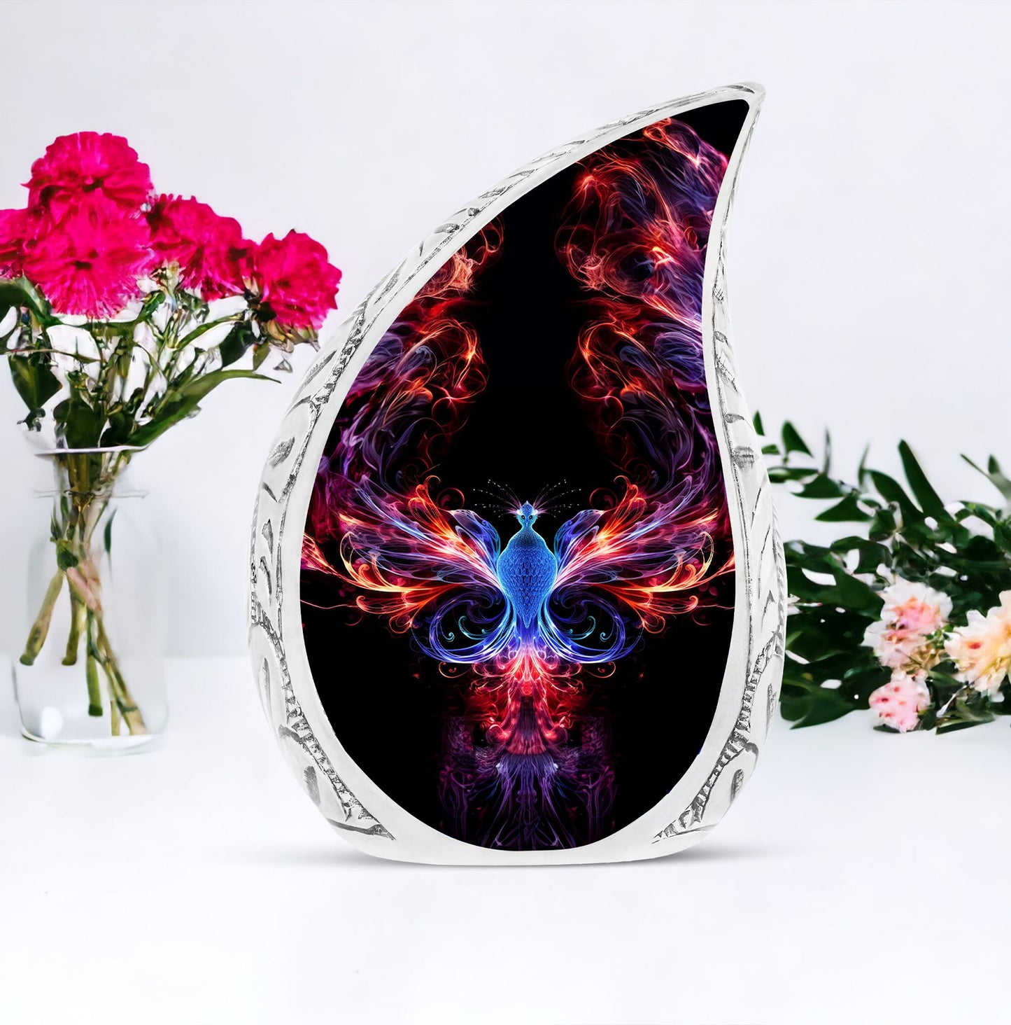 Vibrant colorful Phoenix-themed large cremation urn, ideal memorials for men's ashes