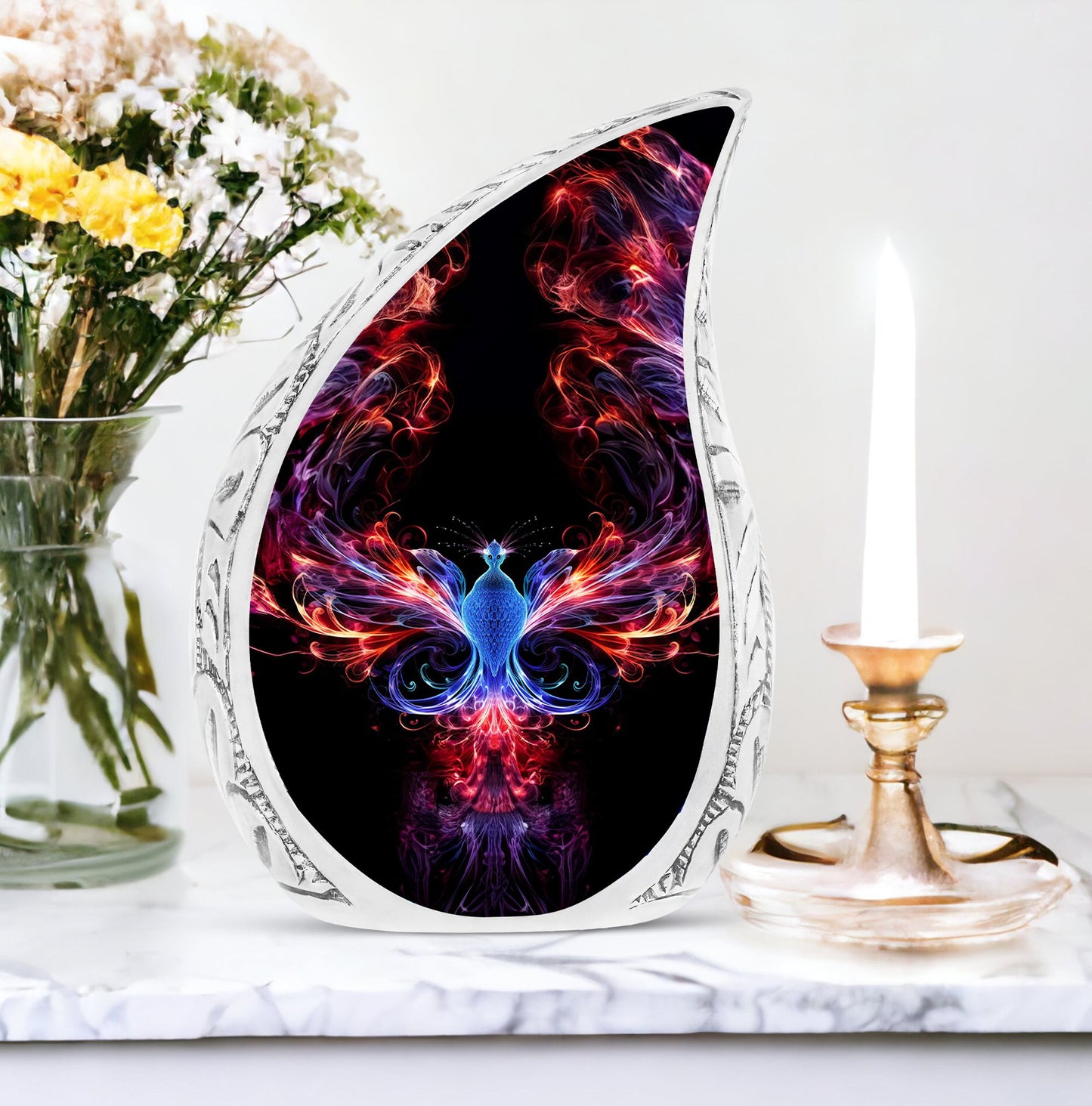 Vibrant colorful Phoenix-themed large cremation urn, ideal memorials for men's ashes