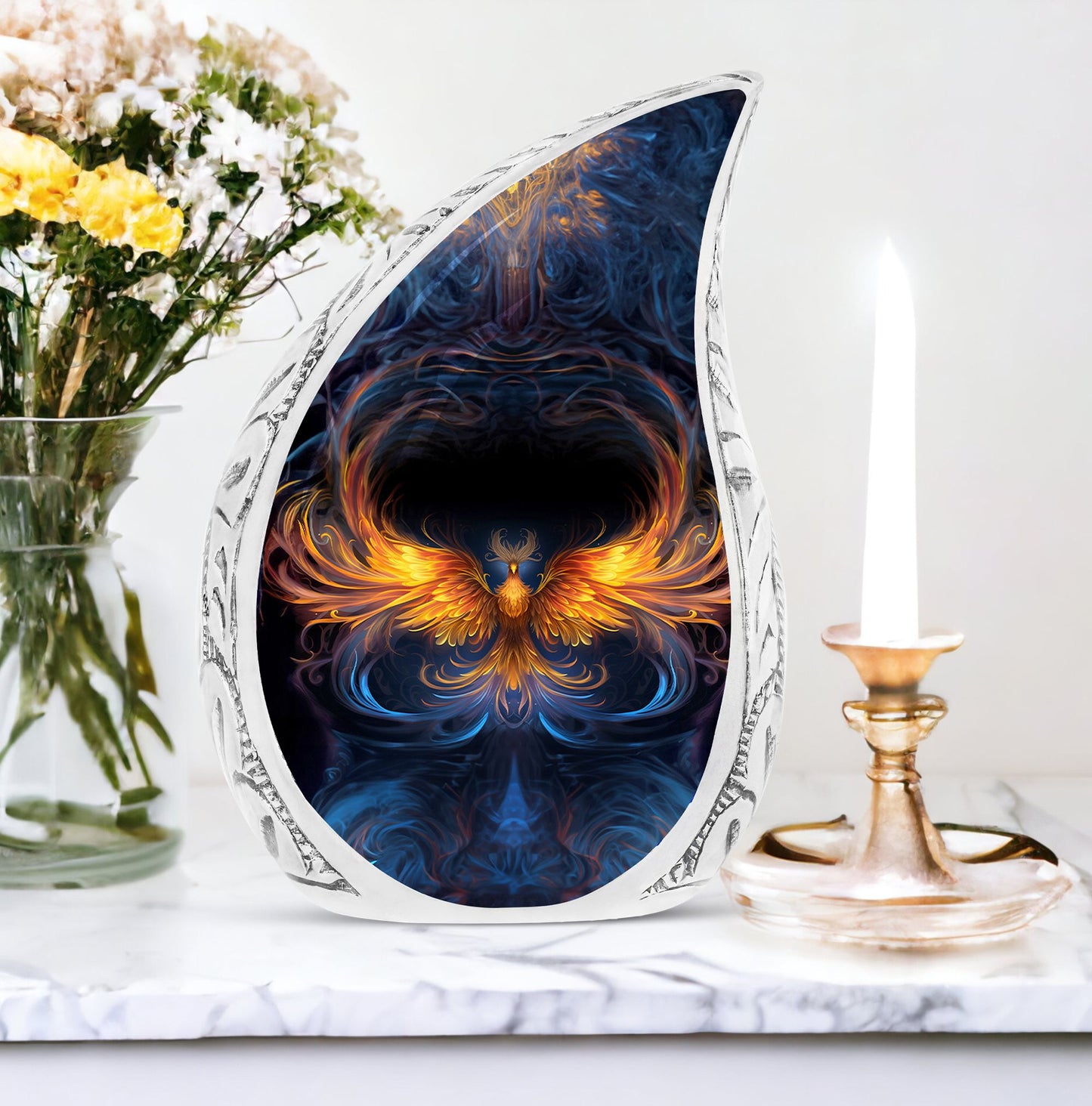 Large+Yellow+Phoenix+Spreading+Wings,+adult+cremation+urn+in+en,+human+ashes+urn,+funeral+decor