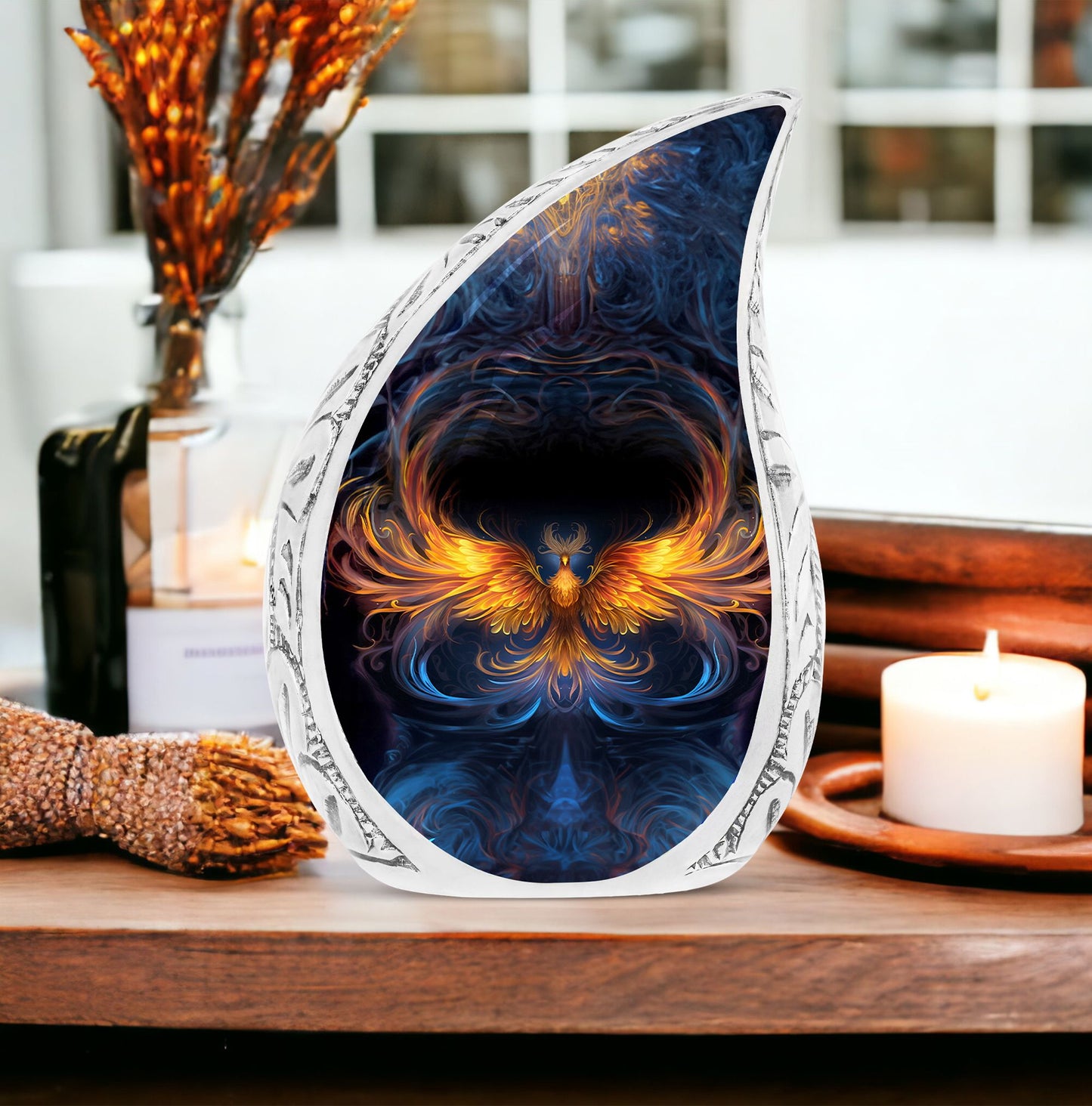 Large+Yellow+Phoenix+Spreading+Wings,+adult+cremation+urn+in+en,+human+ashes+urn,+funeral+decor