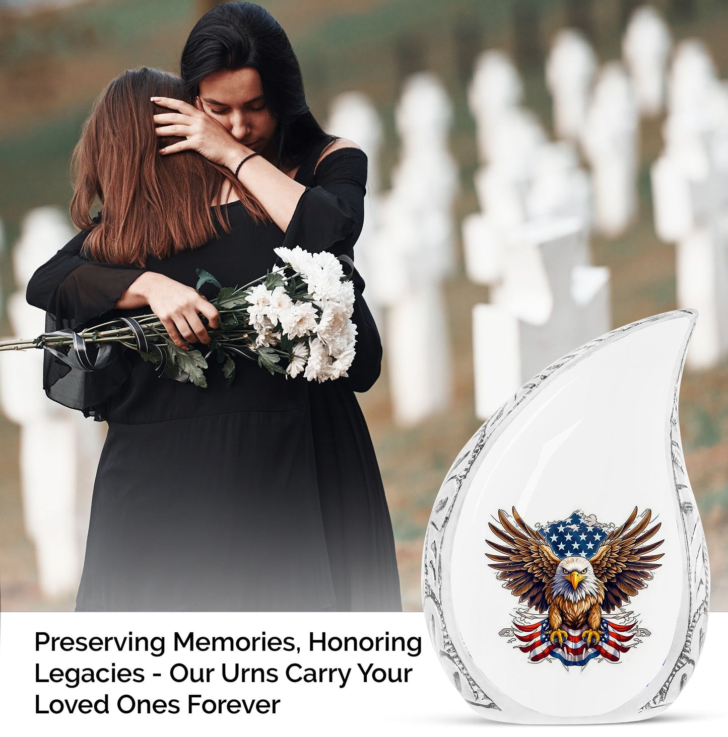 Large Artistic Eagle urn with flag motif, suitable for cremation of adult male human ashes