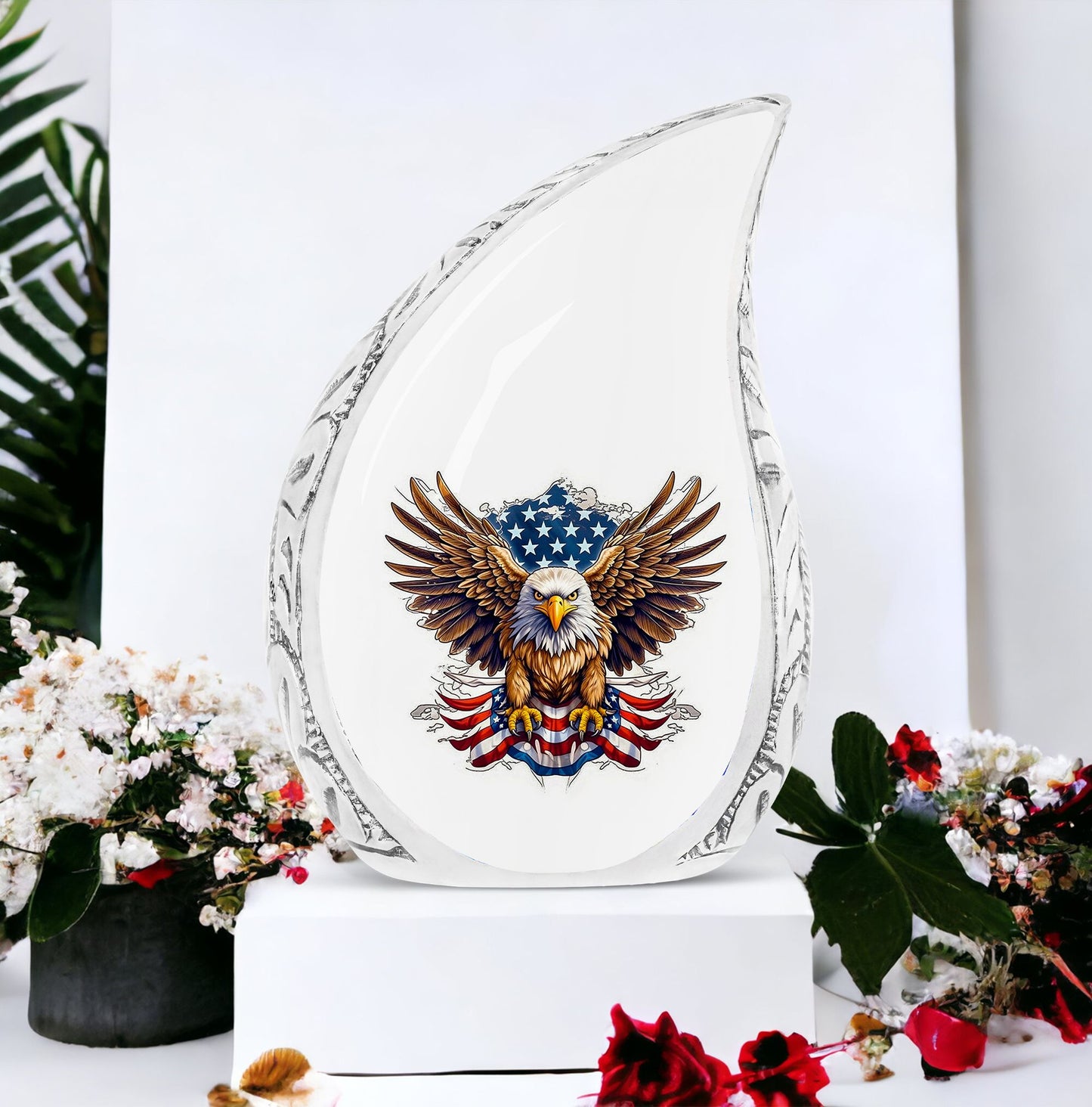 Large Artistic Eagle urn with flag motif, suitable for cremation of adult male human ashes