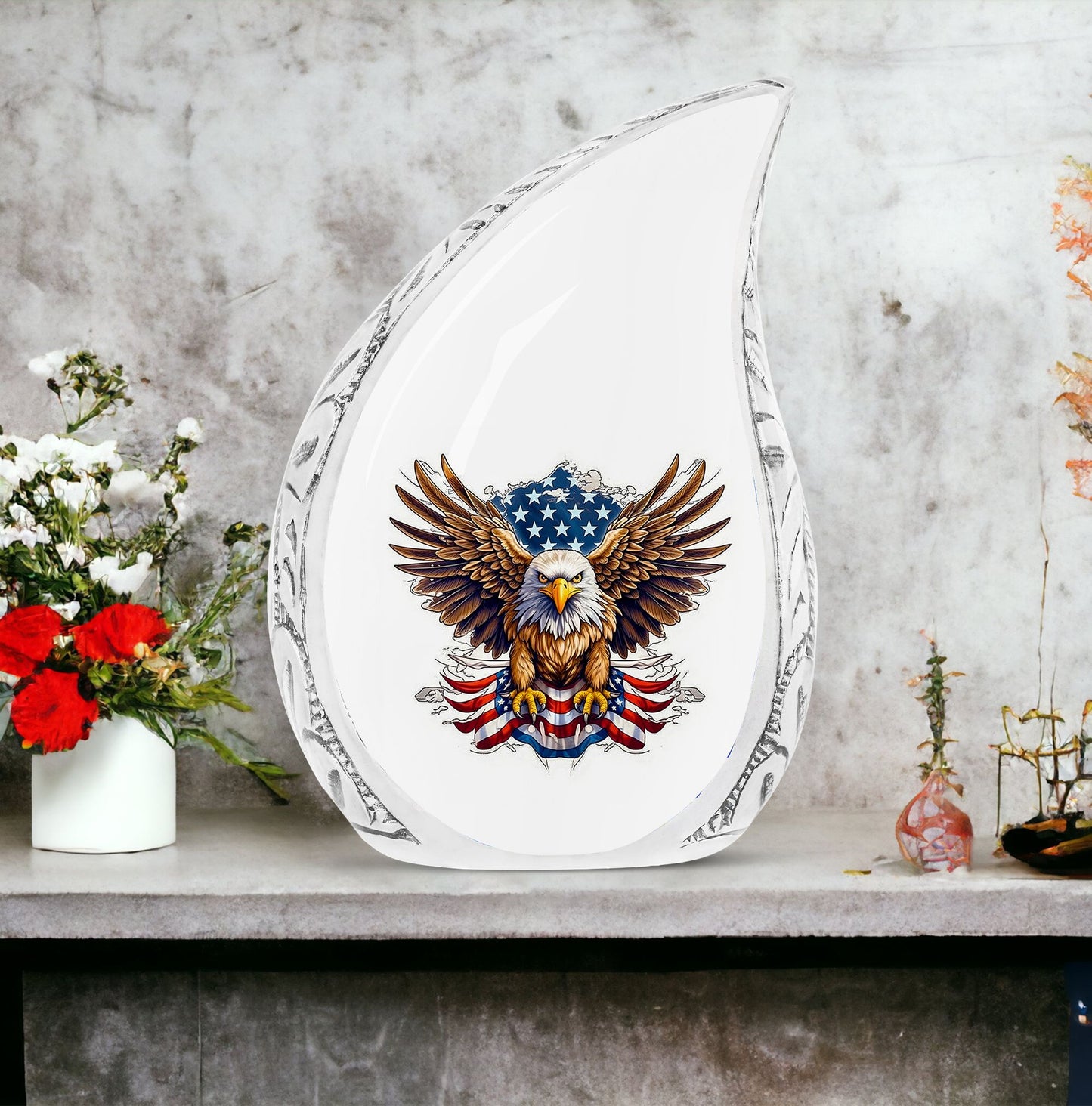 Large Artistic Eagle urn with flag motif, suitable for cremation of adult male human ashes