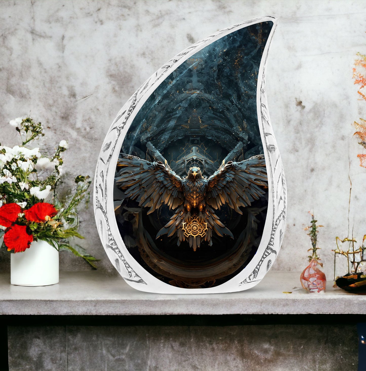 Large eagle urn, ideal for adult ashes honoring the journey to the soul gate, suitable for both male and female remembrance.