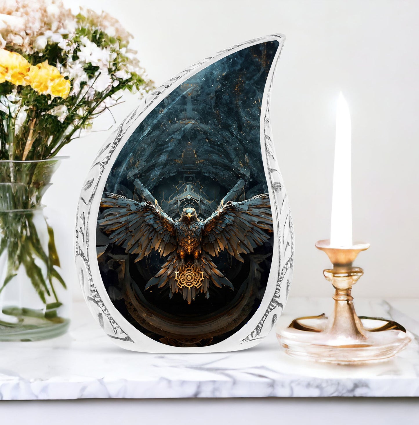 Large eagle urn, ideal for adult ashes honoring the journey to the soul gate, suitable for both male and female remembrance.