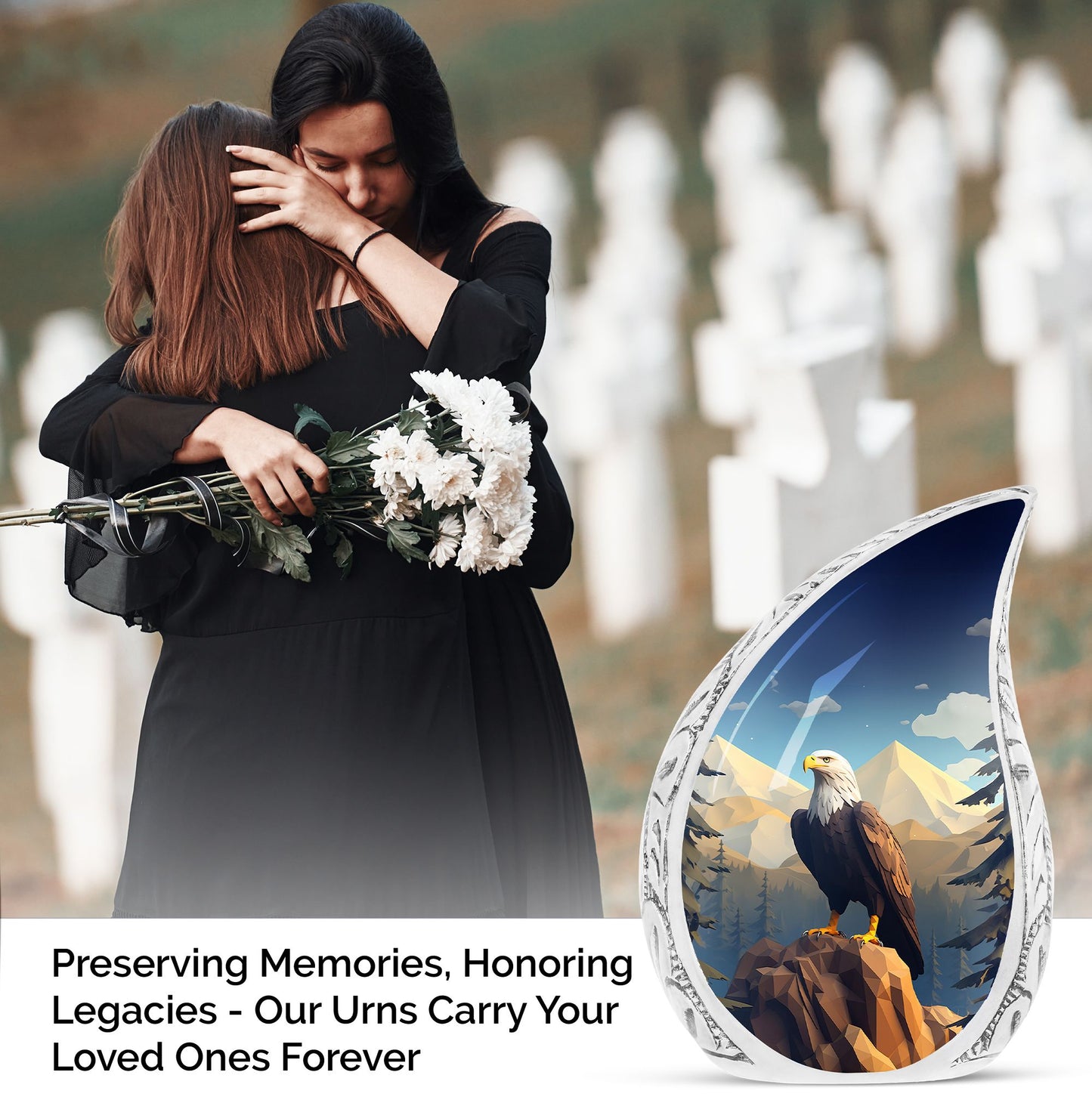 Large eagle urn in a mountain setting for adult male ashes, suitable for cremation and funeral purposes
