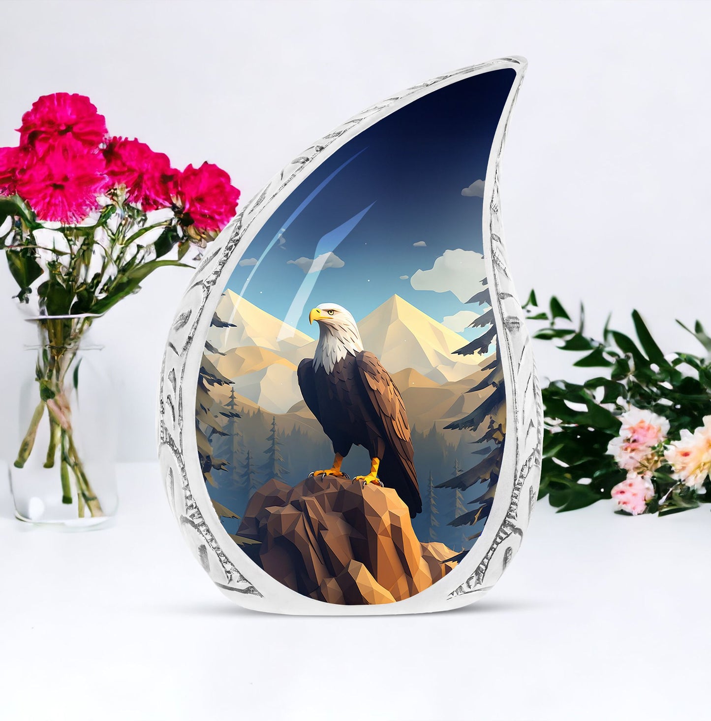 Large eagle urn in a mountain setting for adult male ashes, suitable for cremation and funeral purposes