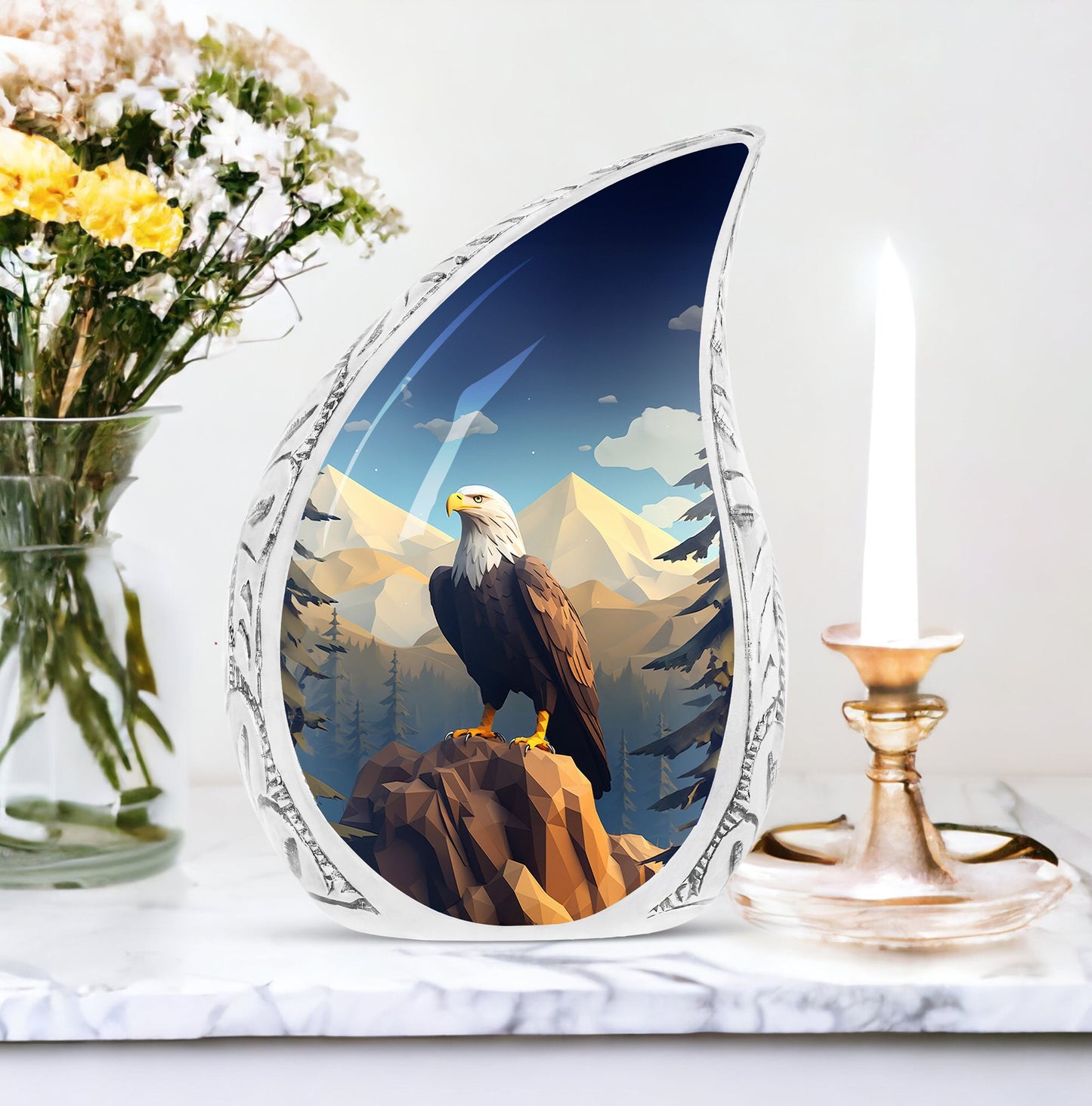 Large eagle urn in a mountain setting for adult male ashes, suitable for cremation and funeral purposes