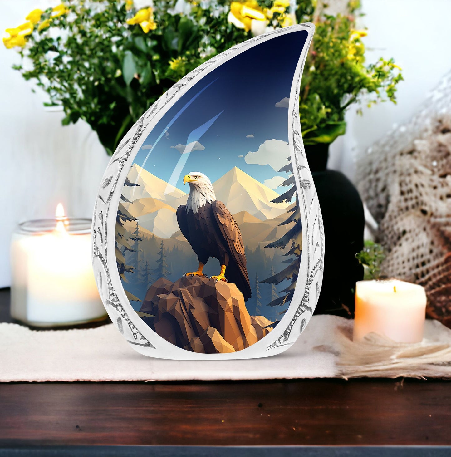 Large eagle urn in a mountain setting for adult male ashes, suitable for cremation and funeral purposes