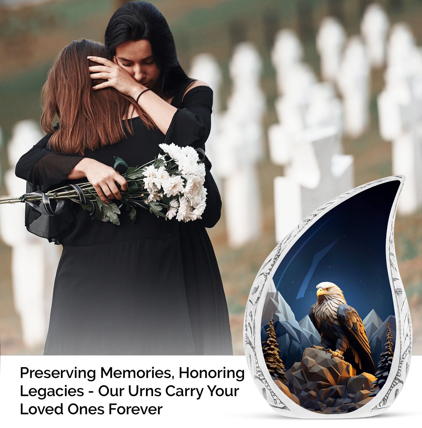 An eagle soaring over mountains designed on majestic large urn for storing adult human ashes, an unique funeral decoration