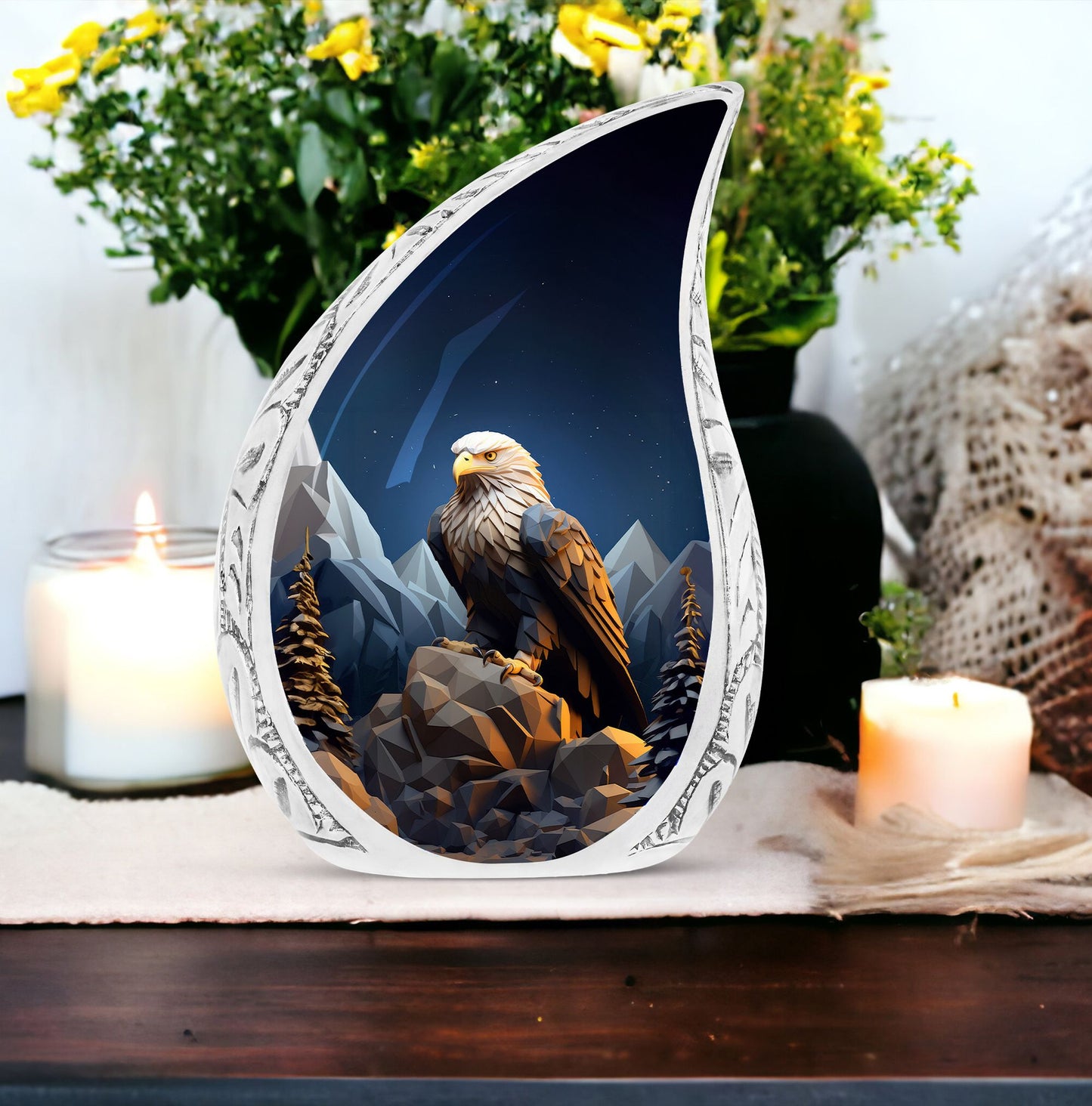An eagle soaring over mountains designed on majestic large urn for storing adult human ashes, an unique funeral decoration
