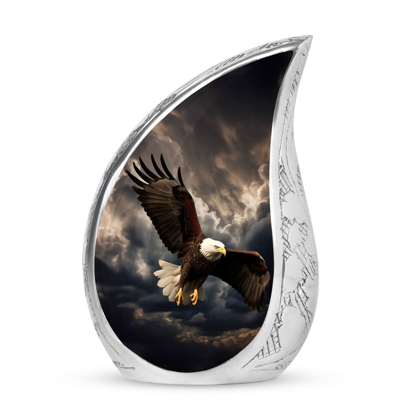 Large decorative urn featuring eagle with rain clouds background, suitable for both men and women