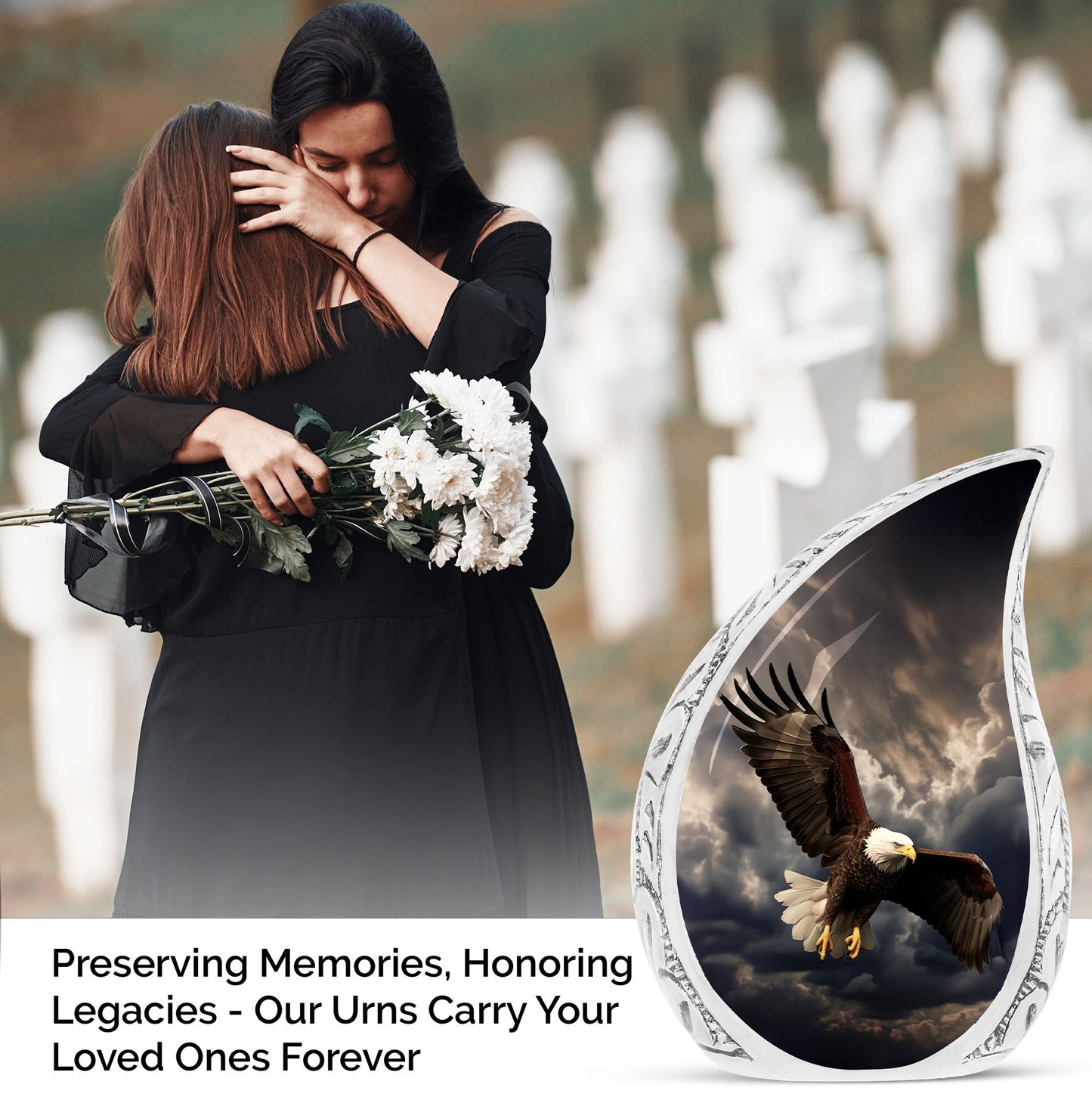 Large decorative urn featuring eagle with rain clouds background, suitable for both men and women