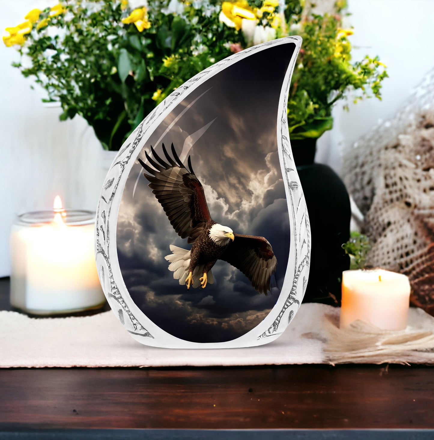 Large decorative urn featuring eagle with rain clouds background, suitable for both men and women