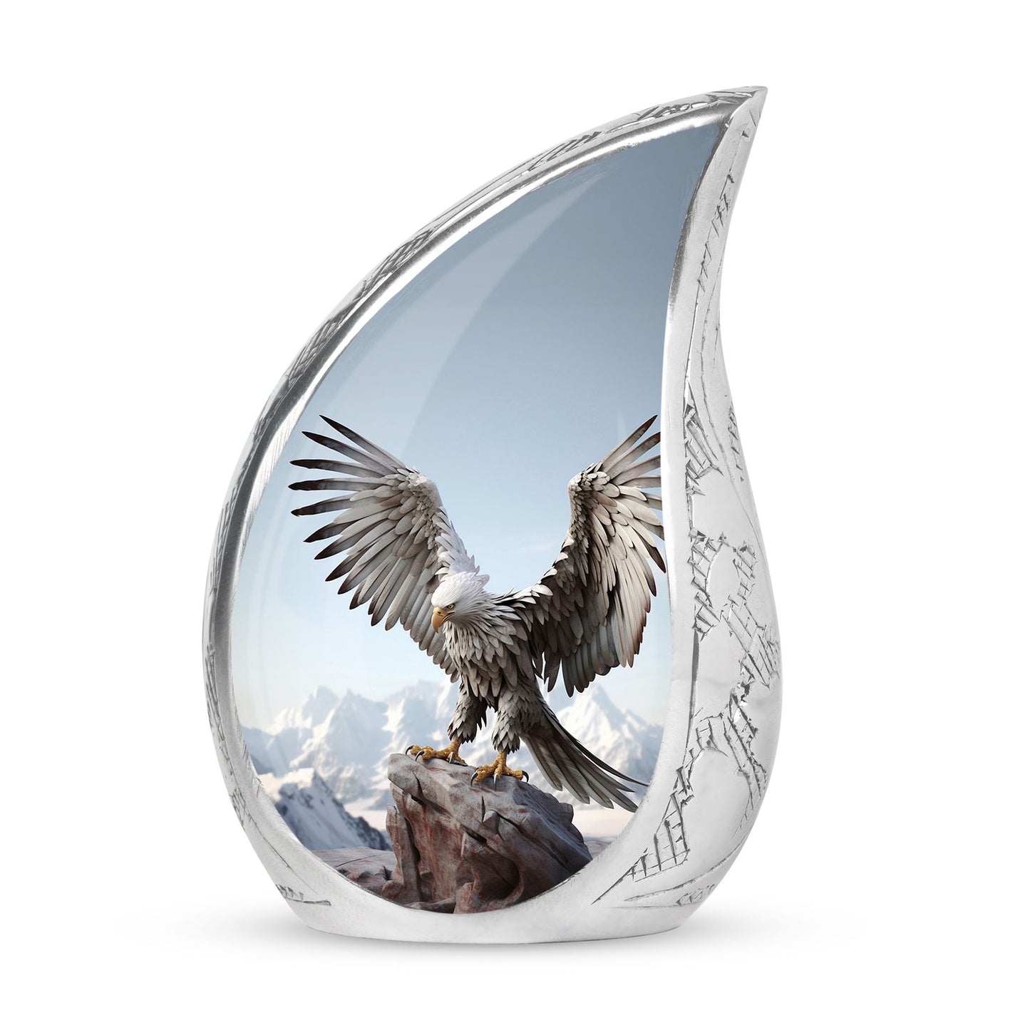 Large eagle urn in a serene snow mountain setting, designed for human ashes storage