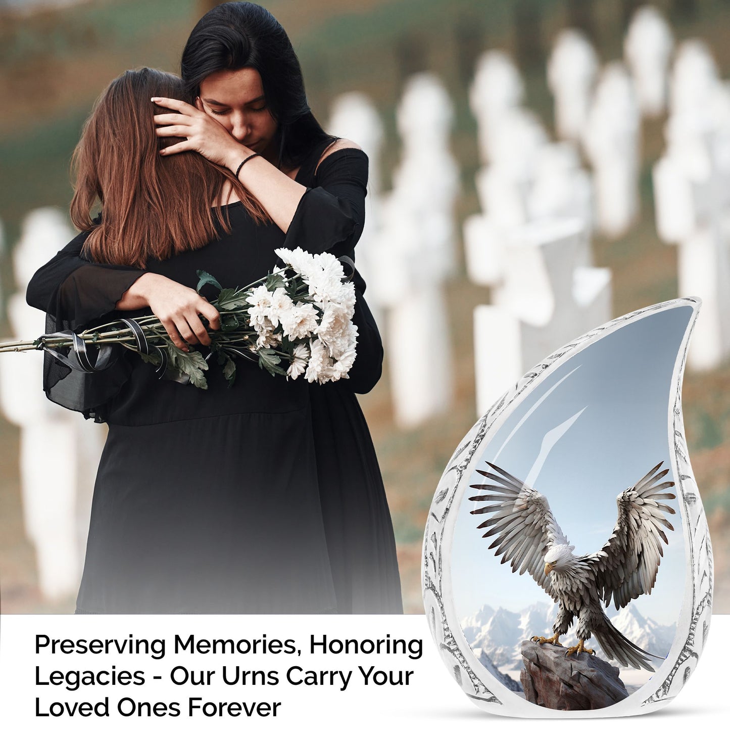Large eagle urn in a serene snow mountain setting, designed for human ashes storage