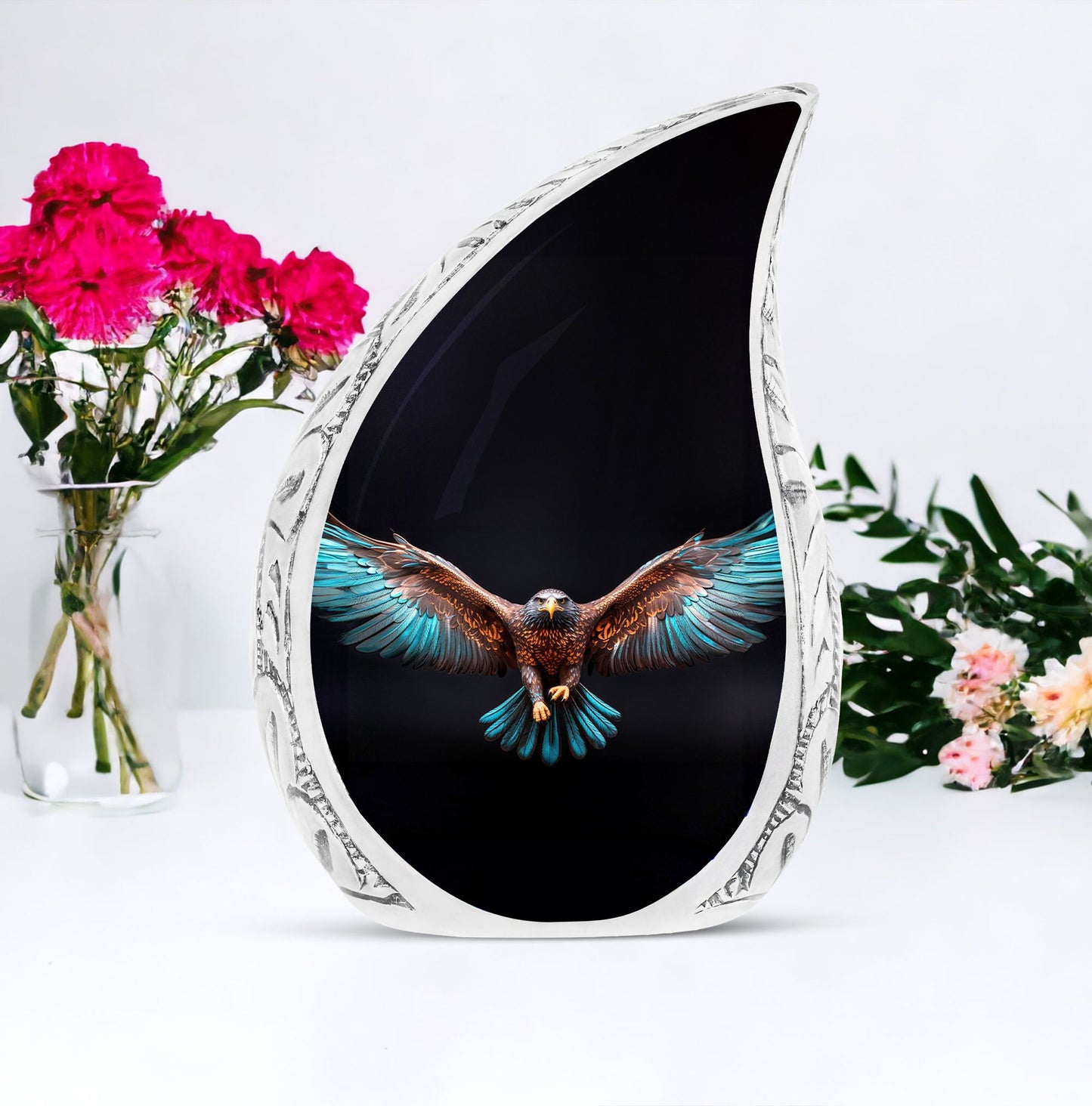 Large Eagle Urn with spread wings on a black background, suitable for adult human ashes burial and memorial purposes
