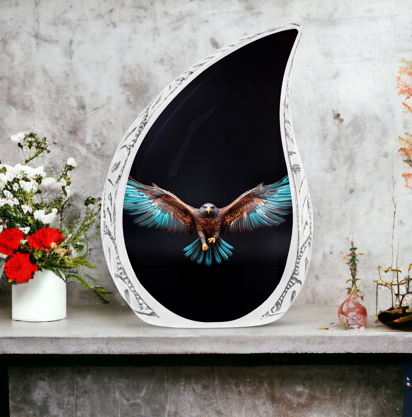 Large Eagle Urn with spread wings on a black background, suitable for adult human ashes burial and memorial purposes