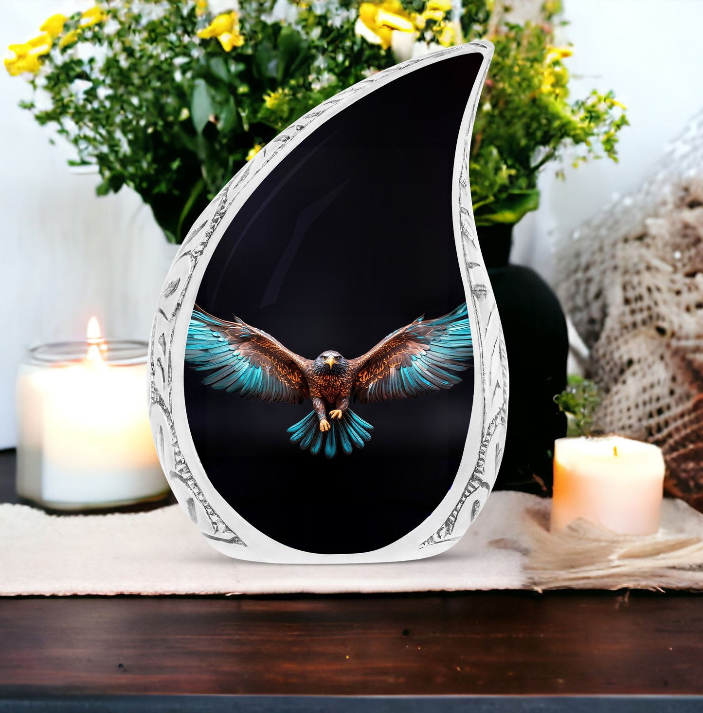 Large Eagle Urn with spread wings on a black background, suitable for adult human ashes burial and memorial purposes