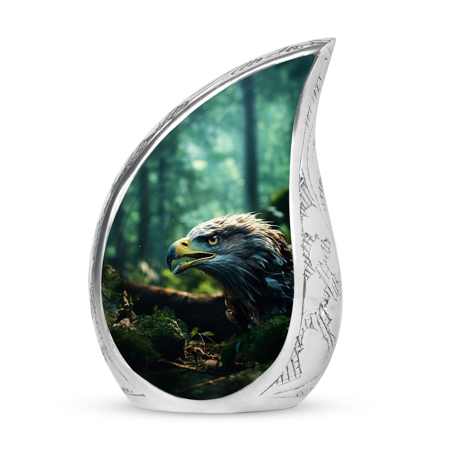 Large urn with eagle face design amidst forest setting, ideal for adult human remains, a decorative funeral choice.