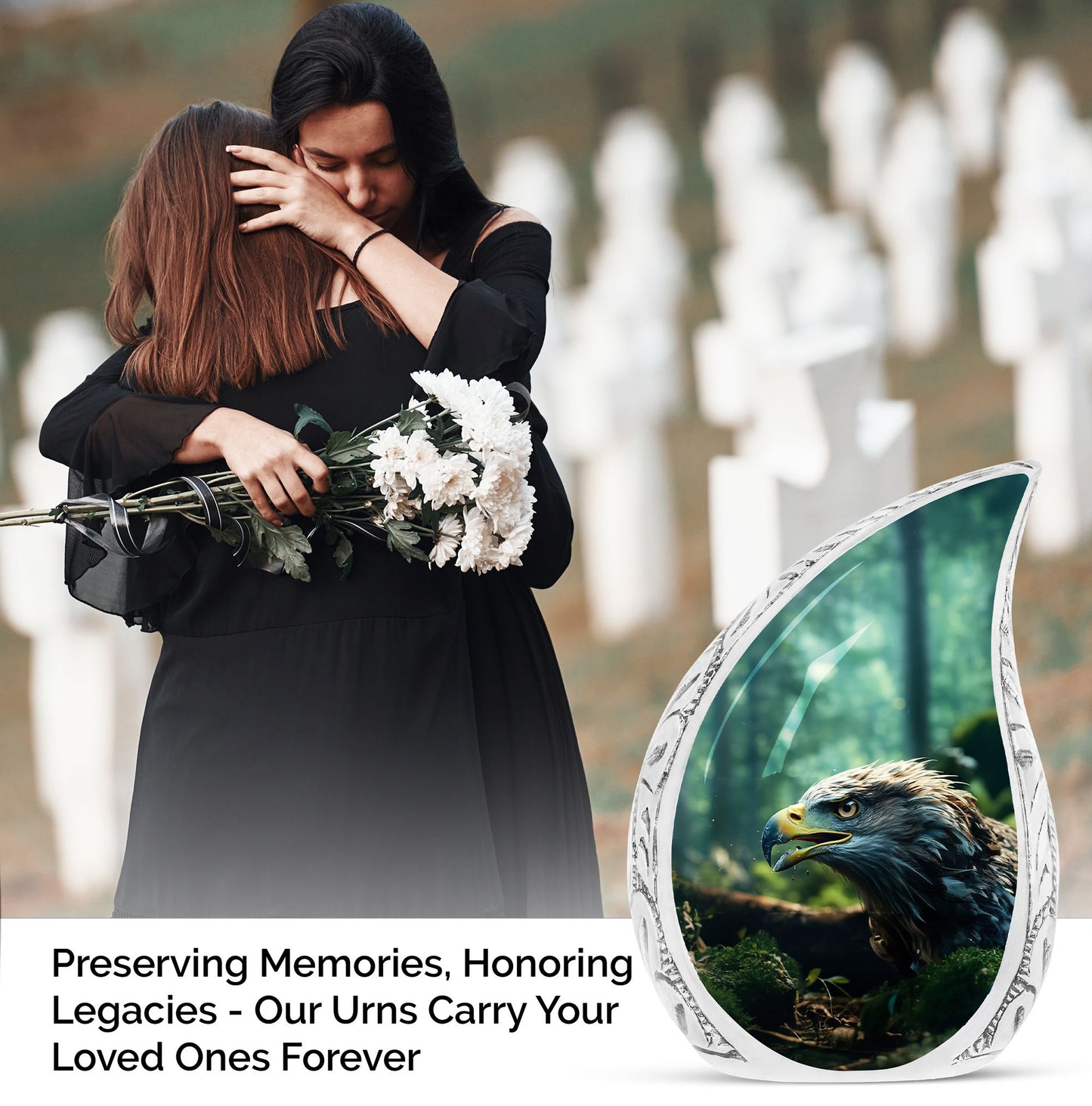Large urn with eagle face design amidst forest setting, ideal for adult human remains, a decorative funeral choice.