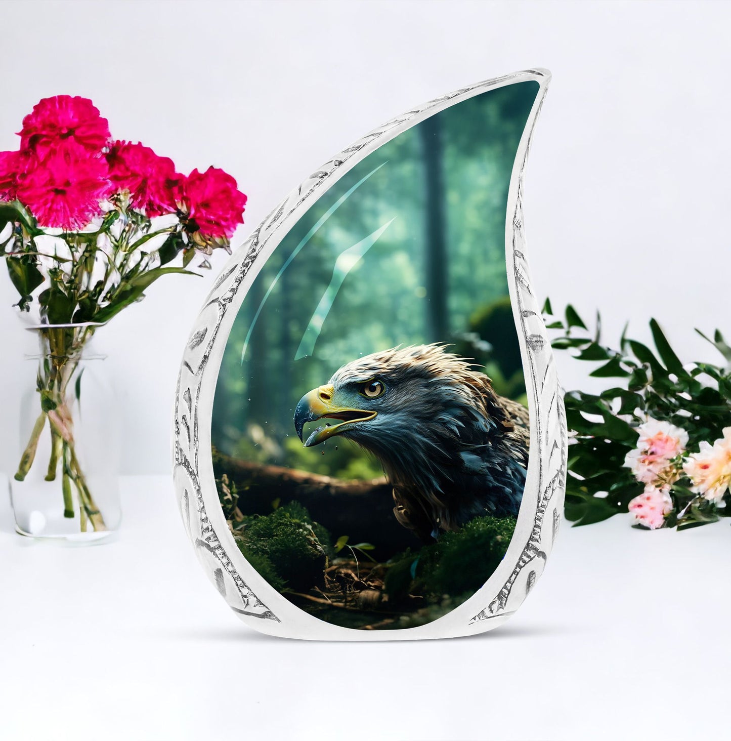 Large urn with eagle face design amidst forest setting, ideal for adult human remains, a decorative funeral choice.