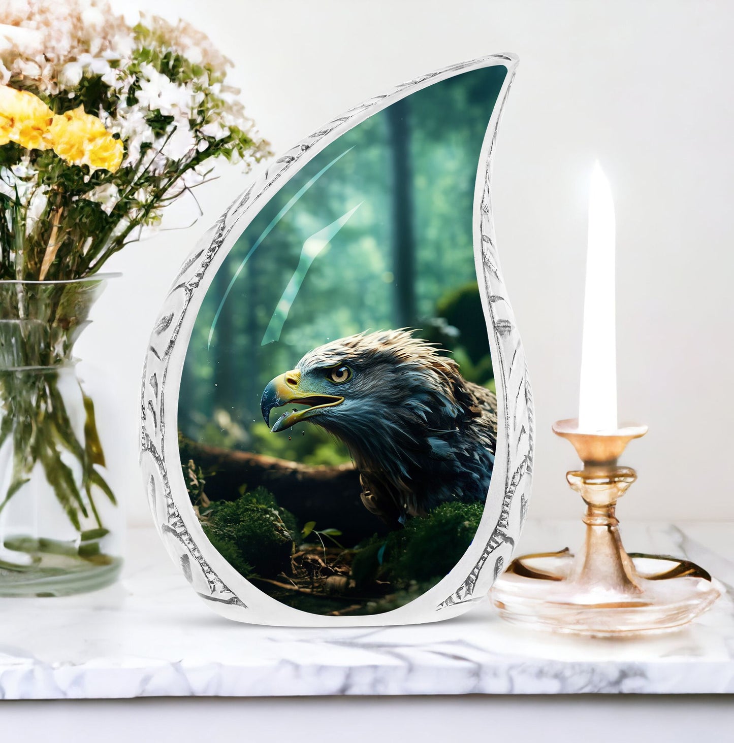 Large urn with eagle face design amidst forest setting, ideal for adult human remains, a decorative funeral choice.